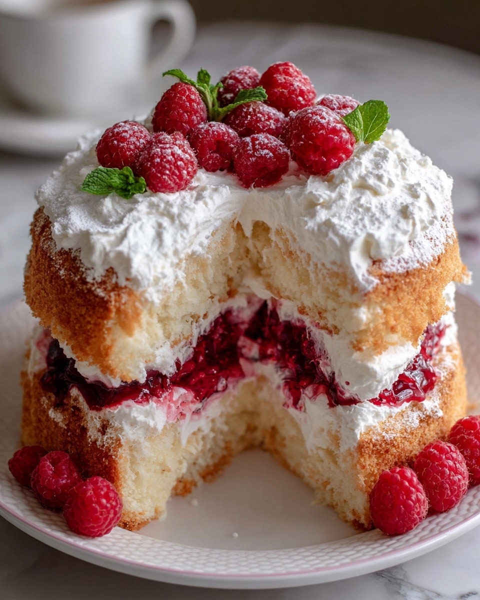 This image shows a round cake with three main layers. The bottom and top layers are light golden brown sponge cake with a soft, crumbly texture. In the middle, there is a thick layer of white whipped cream with some red raspberry filling inside, giving a swirl of bright red color. The top of the cake is covered with a thick, uneven layer of white whipped cream, dusted lightly with powdered sugar. On top, there is a generous pile of fresh, bright red raspberries with a small green mint leaf in the center. Additional raspberries sit on the white plate around the cake, which is placed on a white marbled surface. Photo taken with an iphone --ar 4:5 --v 7