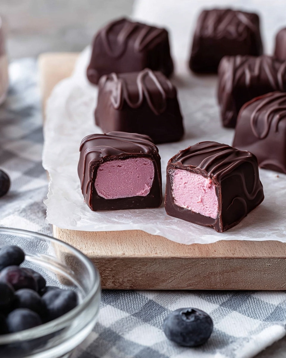 The image shows square-shaped chocolates with a smooth, dark brown chocolate coating on the outside. The front two chocolates are cut in half, revealing a soft, pink filling inside with a creamy texture. The chocolates are placed on a white paper on top of a wooden board that rests on a gray textured cloth, all set on a white marbled surface. In the lower left corner, a clear bowl holds some dark blueberries, adding a touch of deep blue to the scene. Photo taken with an iphone --ar 4:5 --v 7