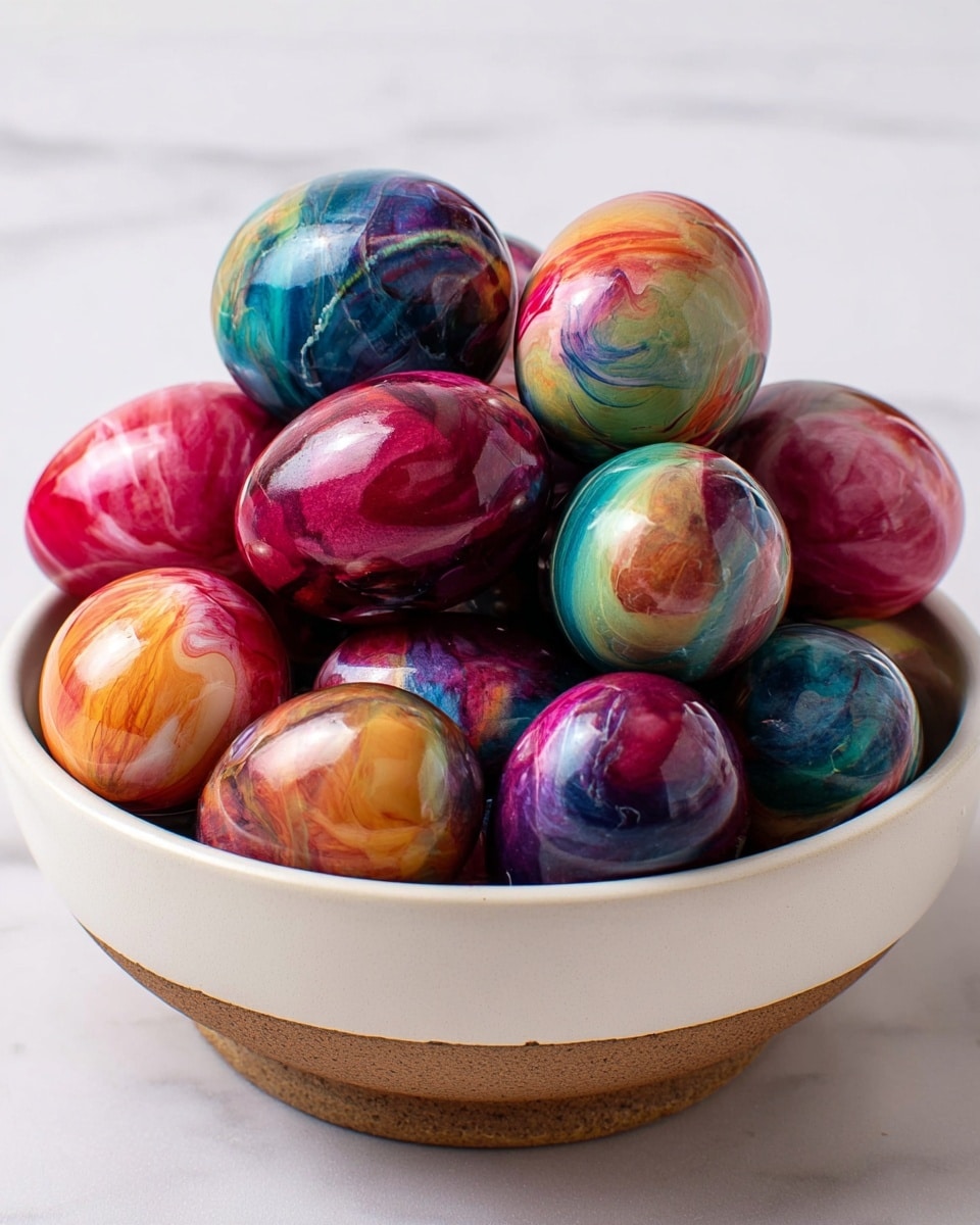 A white bowl filled with a pile of glossy eggs with smooth surfaces, each egg showing swirling marble patterns in bright colors like pink, purple, blue, green, and orange. The eggs are stacked in layers inside the bowl, some resting on top, others nestled closely below. The shiny texture of the eggs reflects soft light creating small bright spots on their curved shapes. The bowl sits on a wood surface against a plain white background. photo taken with an iphone --ar 4:5 --v 7