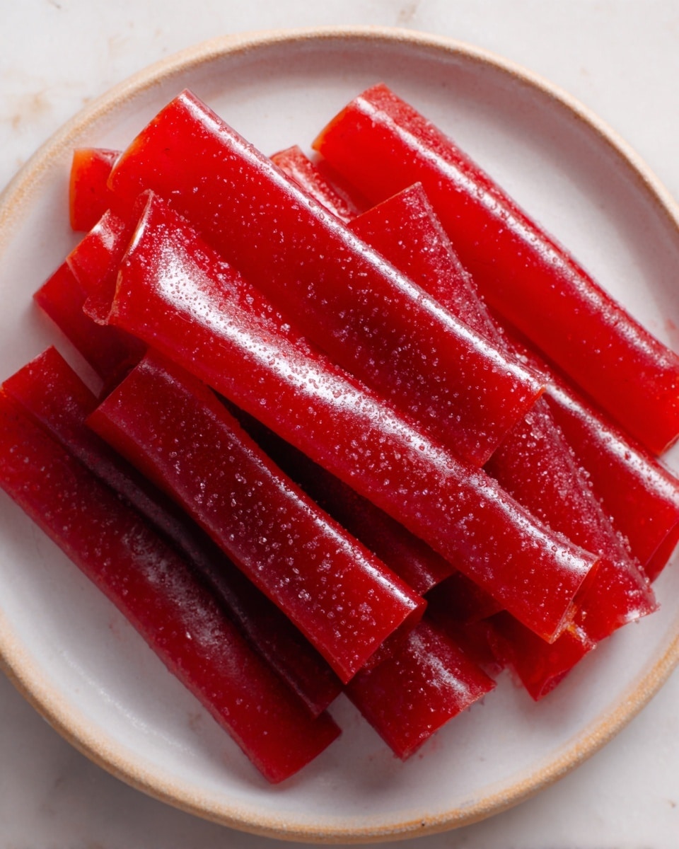 The image shows several shiny, deep red fruit leather rolls on a white plate. The rolls are arranged in a pile, each one smooth and slightly translucent with a sugar-coated texture that sparkles in the light. The plate sits on a white marbled surface, giving a clean and bright background to highlight the vibrant color and glossy finish of the fruit rolls. Photo taken with an iphone --ar 4:5 --v 7