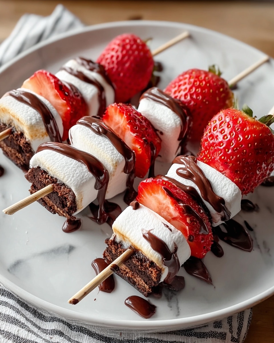 The image shows five dessert skewers placed on a white plate resting on a white marbled surface. Each skewer has a bottom layer of chunky brown brownie pieces with a rough texture, followed by a large white marshmallow. Above the marshmallow, there are bright red strawberry halves with visible seeds and a juicy texture. Another marshmallow is stacked above the strawberries, and each skewer is topped with one or two more strawberry halves. Dark chocolate sauce is drizzled generously over the strawberries and marshmallows in uneven lines, adding a glossy texture. The skewers are wooden and pointed at the end, and part of a striped cloth is visible on the surface near the plate. photo taken with an iphone --ar 4:5 --v 7