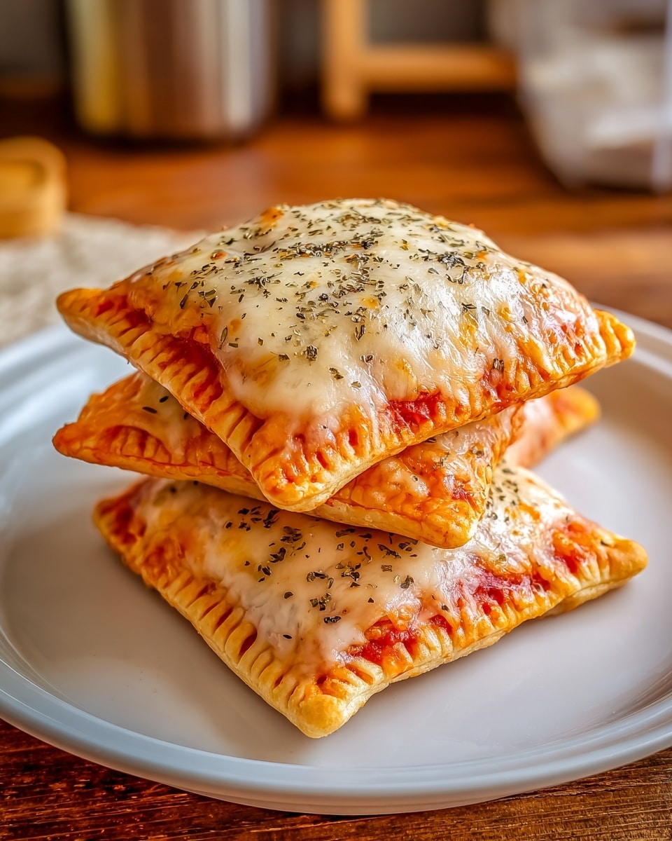 Three square pieces of baked pizza pockets are stacked on a white plate. Each pizza pocket has a golden, lightly browned melted cheese layer on top with small brown spots, sprinkled with black herbs. The edges of the pockets are crimped, showing some tomato sauce peeking through with an orange-red color. The plate sits on a wooden cutting board, and the background shows soft indoor lighting with a white marbled texture surface. photo taken with an iphone --ar 4:5 --v 7