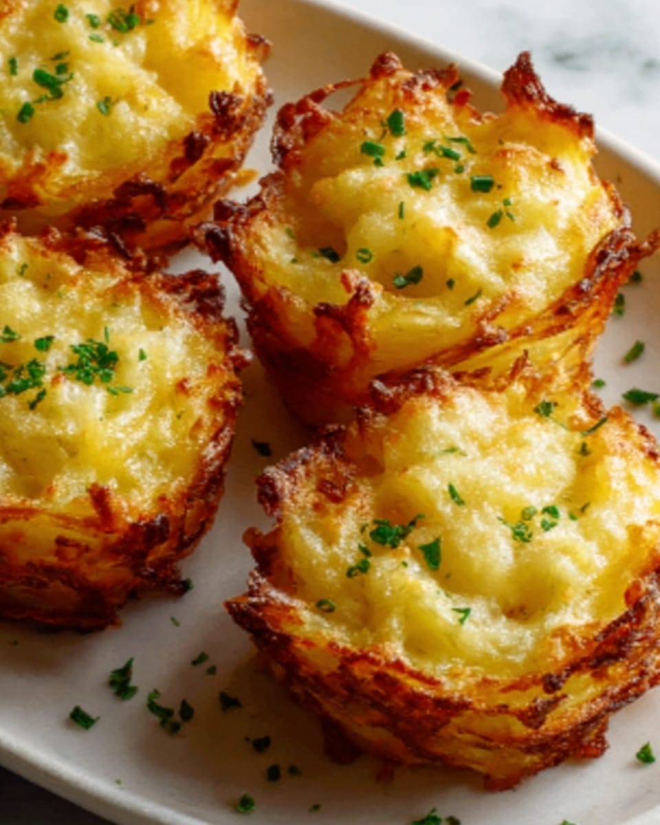 The image shows a close-up of four golden-brown baked potato nests on a white plate. Each nest is made of crispy and slightly browned shredded potatoes, with uneven, crunchy edges and a soft, mashed potato center that is a lighter yellow color. Small green parsley pieces are sprinkled on top for garnish. The white plate is set against a white marbled texture surface. Photo taken with an iphone --ar 4:5 --v 7