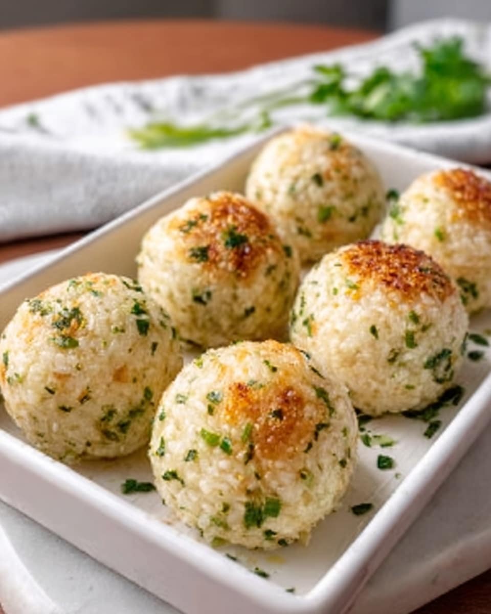 The image shows six round, golden-brown rice balls with a slightly crispy texture on the outside, covered in small green herbs and sesame seeds. They are arranged neatly in two rows inside a white rectangular dish with a smooth surface. The background features a white marbled texture, and there is a blurred cloth napkin with green chopsticks resting on it, placed towards the back. The lighting highlights the texture and color of the rice balls, making them look appetizing and fresh. Photo taken with an iphone --ar 4:5 --v 7