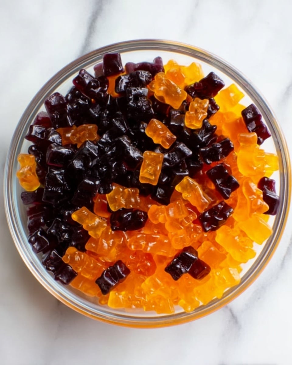 A clear glass bowl filled with two layers of gummy bears, the top layer mostly alternating between dark purple and bright orange gummy bears, each shiny and slightly translucent, arranged loosely inside the bowl. The bowl sits on a white marbled surface, visible around its edges, highlighting the vibrant colors of the candies inside. The glass reflects light softly, and the gummies show a chewy texture with subtle shine, making them look fresh and appealing. photo taken with an iphone --ar 4:5 --v 7