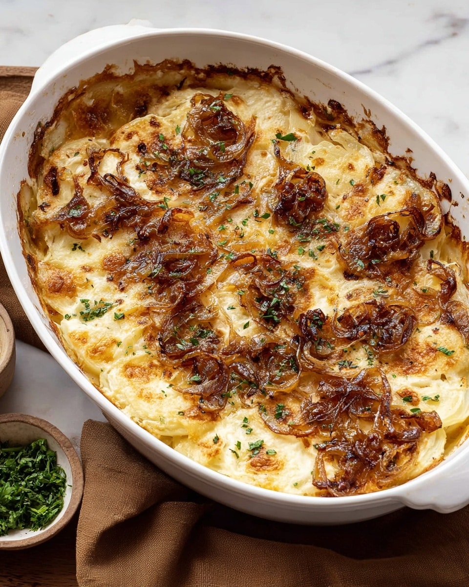 A white oval baking dish filled with a creamy baked dish that has a golden brown top layer of melted cheese with crispy edges. The top is covered with caramelized onions that are slightly dark golden in color and scattered bits of green herbs. The dish sits on a wooden surface with a beige cloth partially underneath and a brown cloth nearby. A small dark bowl filled with chopped green herbs is visible in the background. photo taken with an iphone --ar 4:5 --v 7