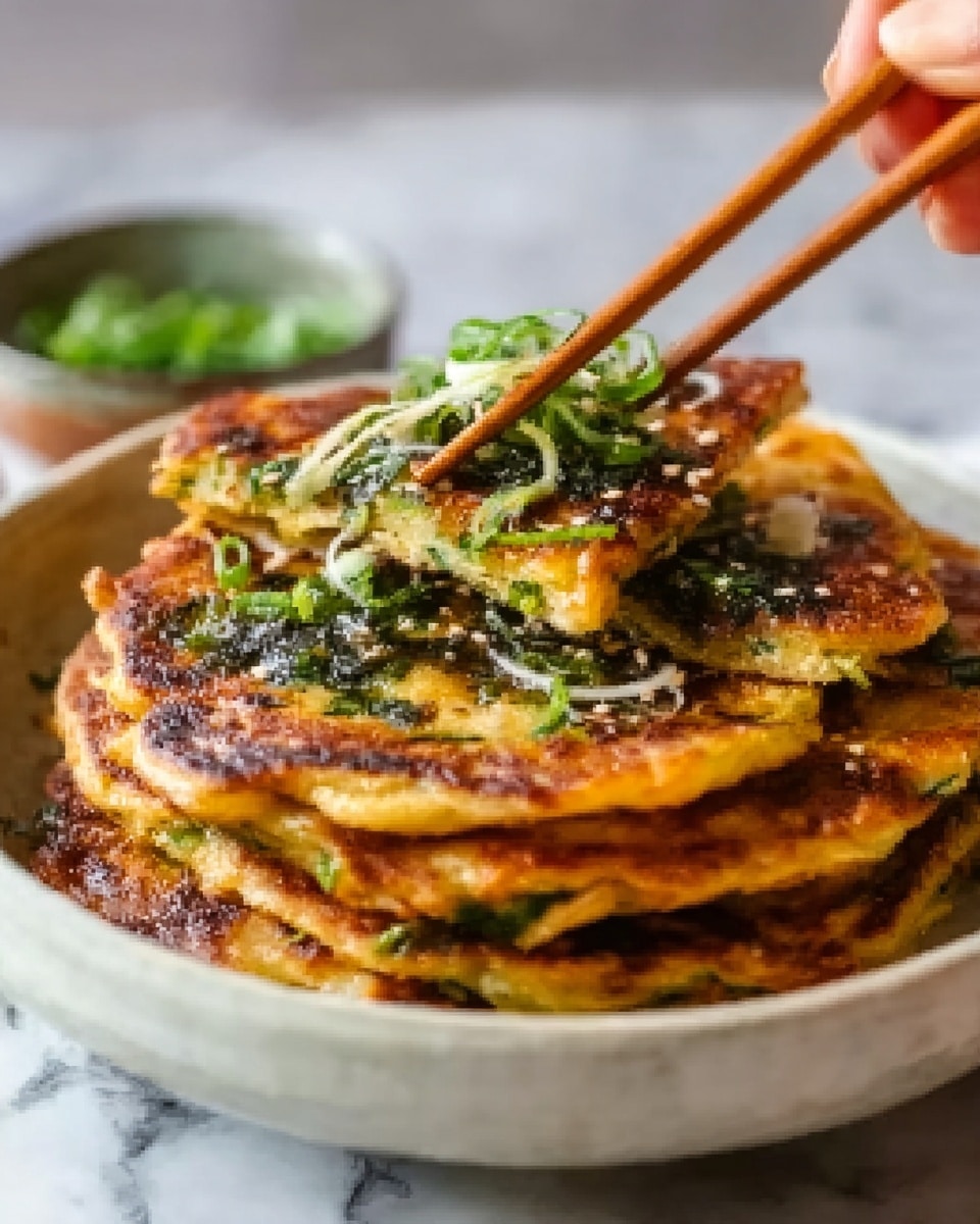 The image shows a stack of golden brown pancakes on a white round plate. Each pancake layer is thin with crispy edges and soft centers. The top pancake is being lifted with wooden chopsticks held by a woman's hand, showing its light texture. Small green chopped herbs are sprinkled on top, adding a fresh touch. The plate sits on a white marbled surface, enhancing the warm colors of the dish. photo taken with an iphone --ar 4:5 --v 7