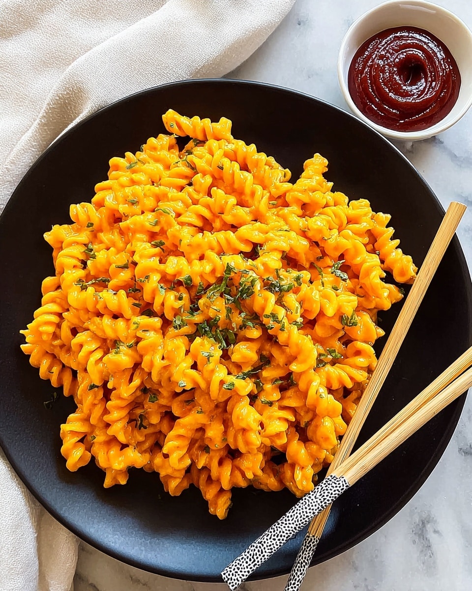 A black plate filled with well-coated bright orange pasta curls, sprinkled lightly with chopped green herbs on top, sits on a white marbled surface. To the right of the plate are a pair of light wooden chopsticks with black patterned grips, resting on the plate's edge. Above the chopsticks is a small white bowl containing a thick dark red sauce with a swirled texture visible on the surface. A white cloth napkin is folded casually at the top left corner of the image. Photo taken with an iphone --ar 4:5 --v 7