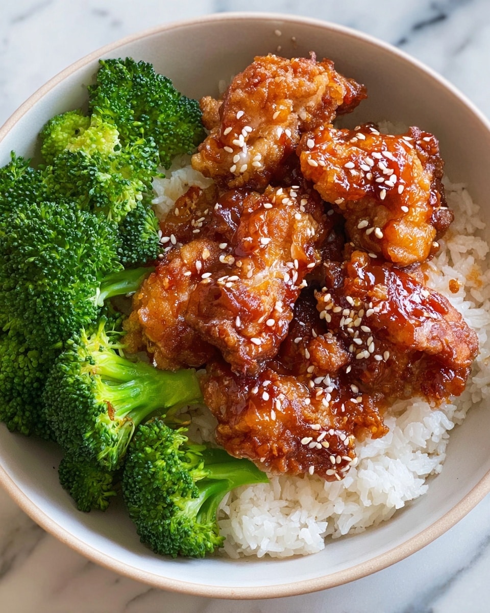 A bowl of white rice forms the base layer, topped with several pieces of golden brown fried chicken coated in a shiny, sticky sauce and sprinkled with white sesame seeds. Surrounding the chicken and rice are bright green broccoli florets, adding a fresh contrast. The bowl is white, and the background shows a white marbled texture. The image focuses closely on the food, showing the textures and colors vividly. photo taken with an iphone --ar 4:5 --v 7
