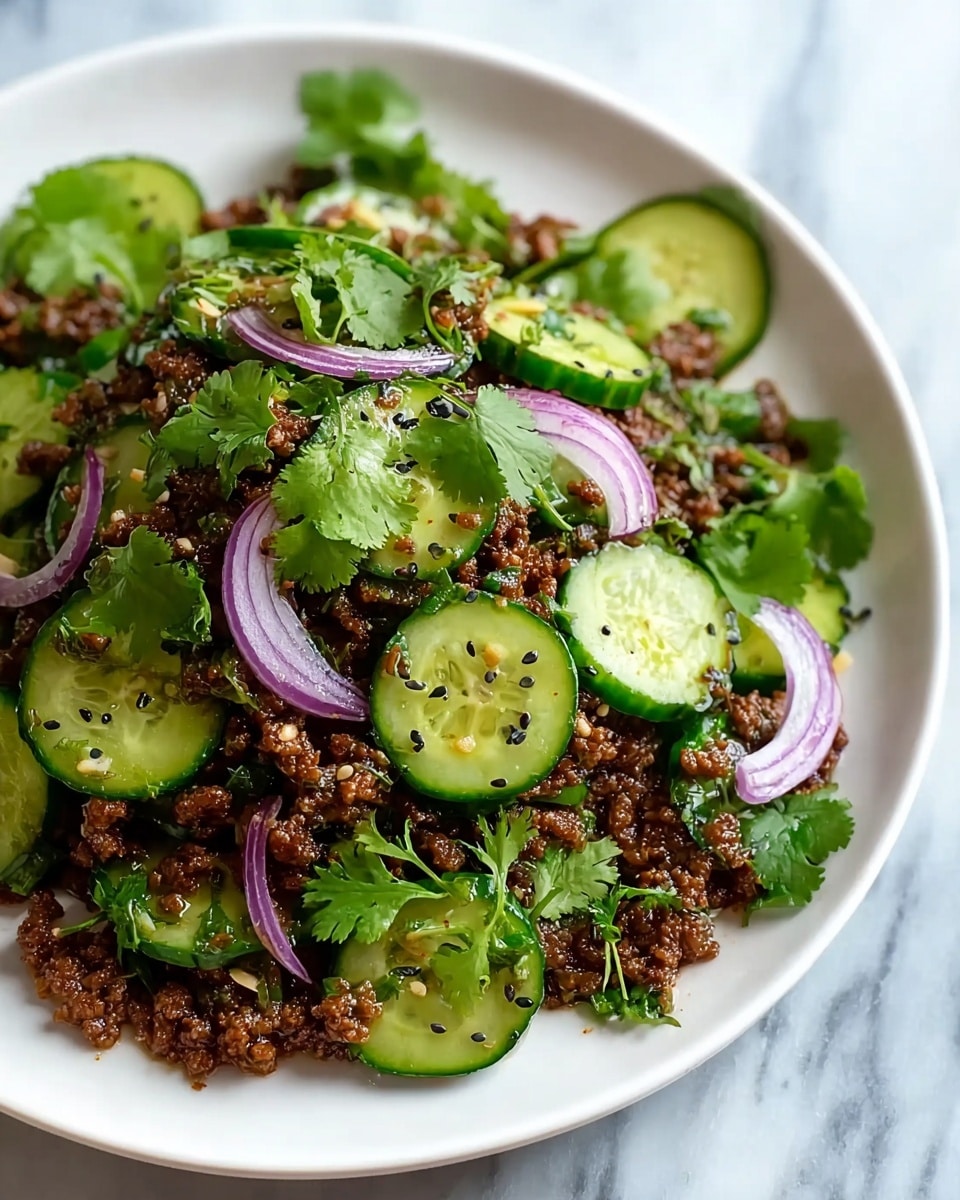 The dish is served in a white bowl filled with several layers. The bottom layer consists of small, brown cooked ground meat with a slightly crumbly texture. On top of the meat are thin, round slices of fresh cucumber with green edges and pale centers, scattered evenly throughout. Intermixed are thin slices of bright purple-red onion, adding a sharp contrast. The dish is sprinkled with fresh green cilantro leaves and a few black sesame seeds spread across the surface. The bowl sits on a white marbled surface with a glimpse of a blue cloth napkin nearby. Photo taken with an iphone --ar 4:5 --v 7