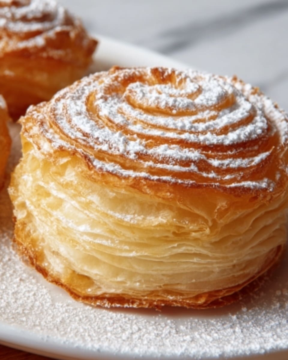 The image shows a close-up of a round, flaky pastry with many thin layers visible on the side. The top has a spiral pattern dusted lightly with powdered sugar, giving it a soft white contrast to the golden-brown crust. The pastry rests on a white plate, placed on a white marbled surface. The texture looks crisp and buttery, with slightly glossy highlights from the baked crust. Photo taken with an iphone --ar 4:5 --v 7