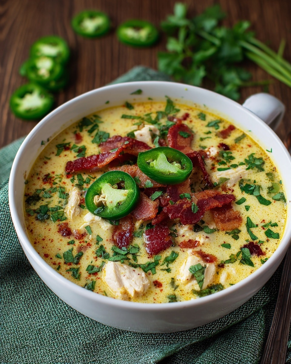 A white bowl filled with creamy yellow soup that has a smooth texture, topped with several layers including chunks of white chicken, thin slices of bright green jalapeño peppers, crispy reddish-brown bacon pieces, and scattered green herbs on top. The soup surface is slightly bubbly with visible oil droplets creating a rich look. The bowl sits on a green and gray cloth on a white marbled surface, with some jalapeño slices and green herbs in the background, and a shiny spoon placed next to the bowl. Photo taken with an iphone --ar 4:5 --v 7