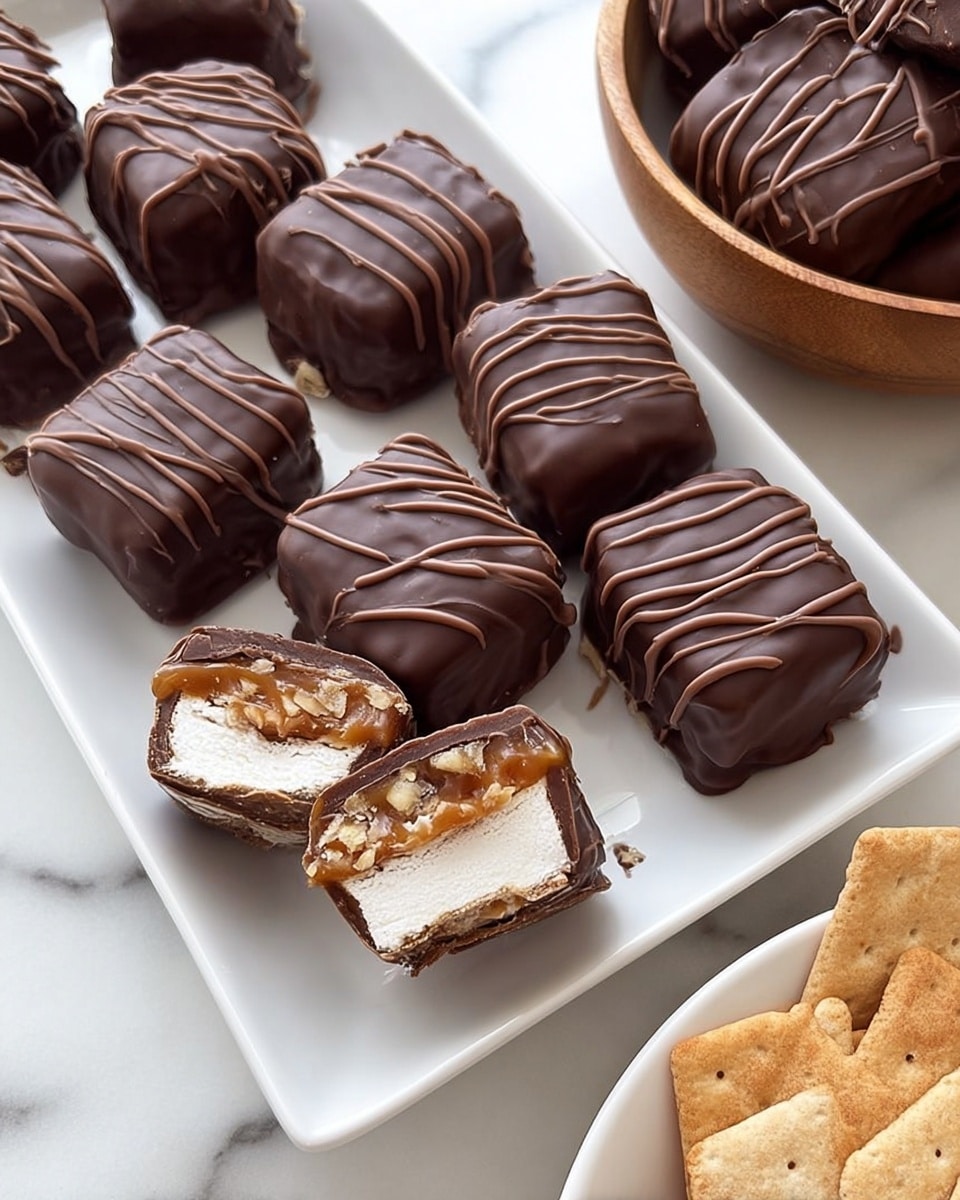 The image shows several small square-shaped chocolate treats arranged neatly on a white rectangular tray placed on a white marbled surface. Each treat is covered in dark chocolate with a drizzle of extra chocolate on top for texture. Some treats are cut in half, revealing three layers inside: a dark chocolate outer layer, a white creamy middle layer, and a golden-brown crunchy or nutty inner layer. To the right, part of a white bowl filled with more chocolate treats is visible, along with a wooden bowl containing golden, crispy crackers. Photo taken with an iphone --ar 4:5 --v 7