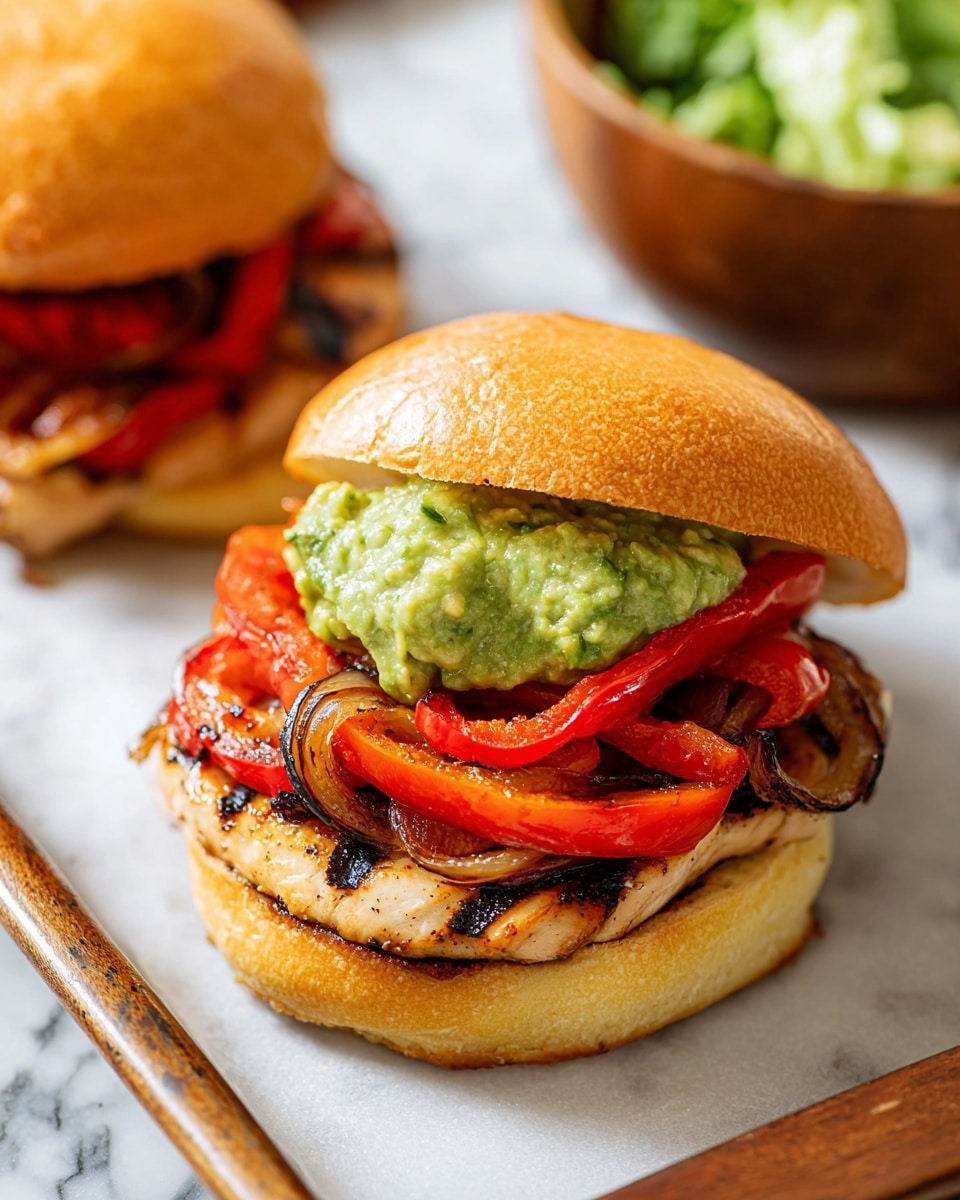 A close-up view of a grilled chicken sandwich on a toasted golden-brown bun with a slightly shiny top layer. The sandwich has three visible layers: at the bottom is a dark charred grilled chicken breast, on top of it are bright red sautéed bell pepper strips mixed with soft caramelized yellow onions, and above them is a thick scoop of chunky green guacamole. The sandwich sits on a white marbled surface with a wooden bowl of guacamole blurred in the background. Photo taken with an iphone --ar 4:5 --v 7