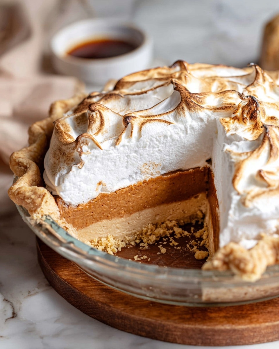 The image shows a pumpkin pie with a thick, smooth orange-brown pumpkin filling as the bottom layer sitting on a flaky, light golden crust that frames the pie. On top is a generous layer of white whipped cream, swirled with light brown toasted patches adding texture and depth. A slice is missing, revealing the clear separation between the creamy whipped layer and dense pumpkin filling inside a slightly worn metal pie dish, which is placed on a rustic wooden board with a white marbled background. Photo taken with an iphone --ar 4:5 --v 7
