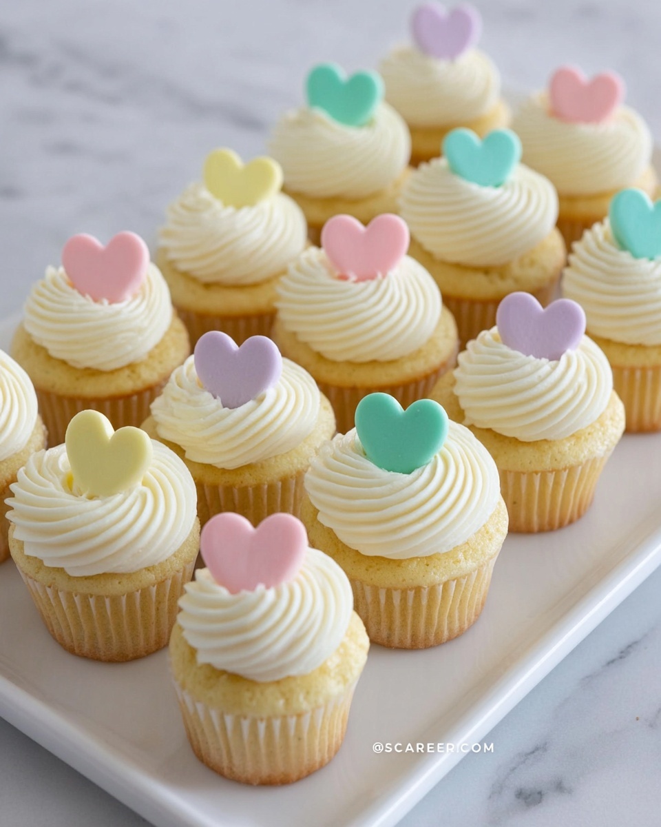 This image shows a white rectangular plate holding fifteen vanilla cupcakes. Each cupcake has one layer of creamy white frosting swirled on top with a smooth and soft texture. At the peak of each frosting swirl sits a pastel-colored heart-shaped decoration in blue, pink, yellow, or green, evenly spread around the plate. The cupcakes have a light golden brown base with white cupcake liners. The white marbled background adds a clean and bright look to the scene. photo taken with an iphone --ar 4:5 --v 7