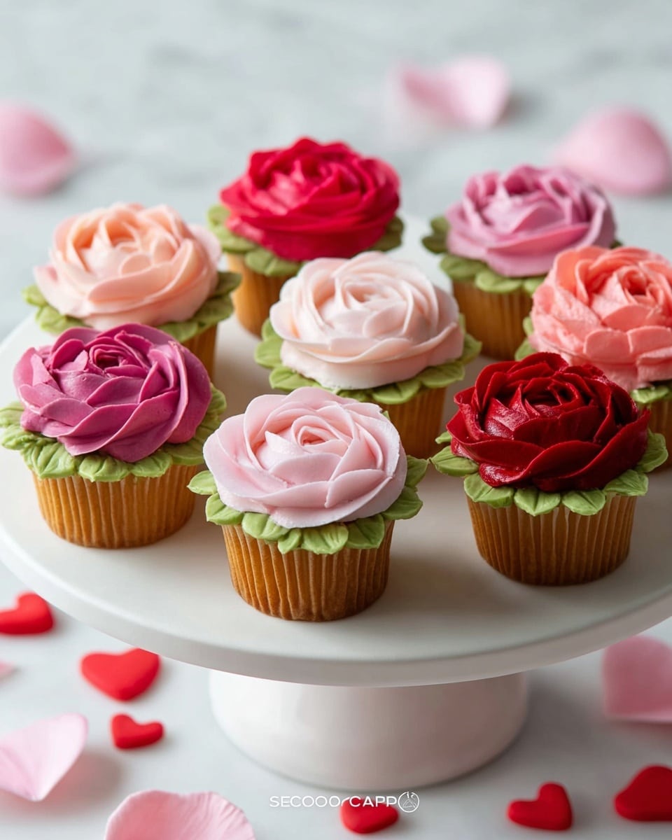 The image shows nine cupcakes on a white cake stand with a white marbled background. Each cupcake has two main layers: a golden brown base and a thick swirl of frosting on top shaped like a rose with detailed petals. The rose frosting colors vary, including shades of pink, light pink, deep pink, and red. Around the base of each rose is a small layer of green frosting shaped like leaves. The cupcakes are closely arranged, showing the texture and soft look of the frosting clearly. Photo taken with an iphone --ar 4:5 --v 7