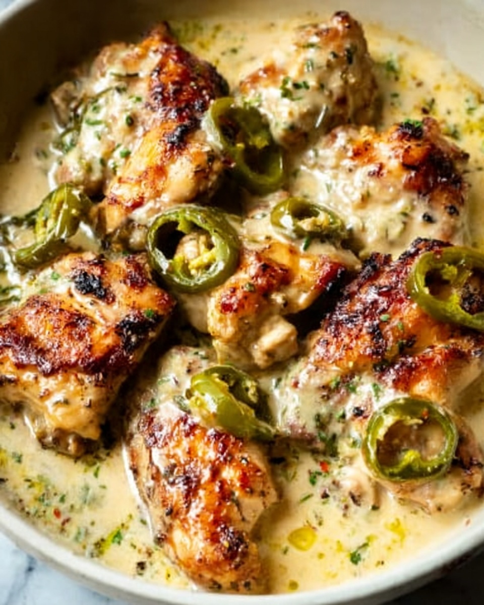 The image shows several pieces of browned chicken with a crispy texture, placed in a creamy light yellow sauce. Small green olive slices are scattered evenly over the chicken and sauce. The dish is in a white bowl on a white marbled surface, highlighting the golden and creamy colors of the food. The sauce looks smooth and thick, partially covering the chicken pieces. photo taken with an iphone --ar 4:5 --v 7