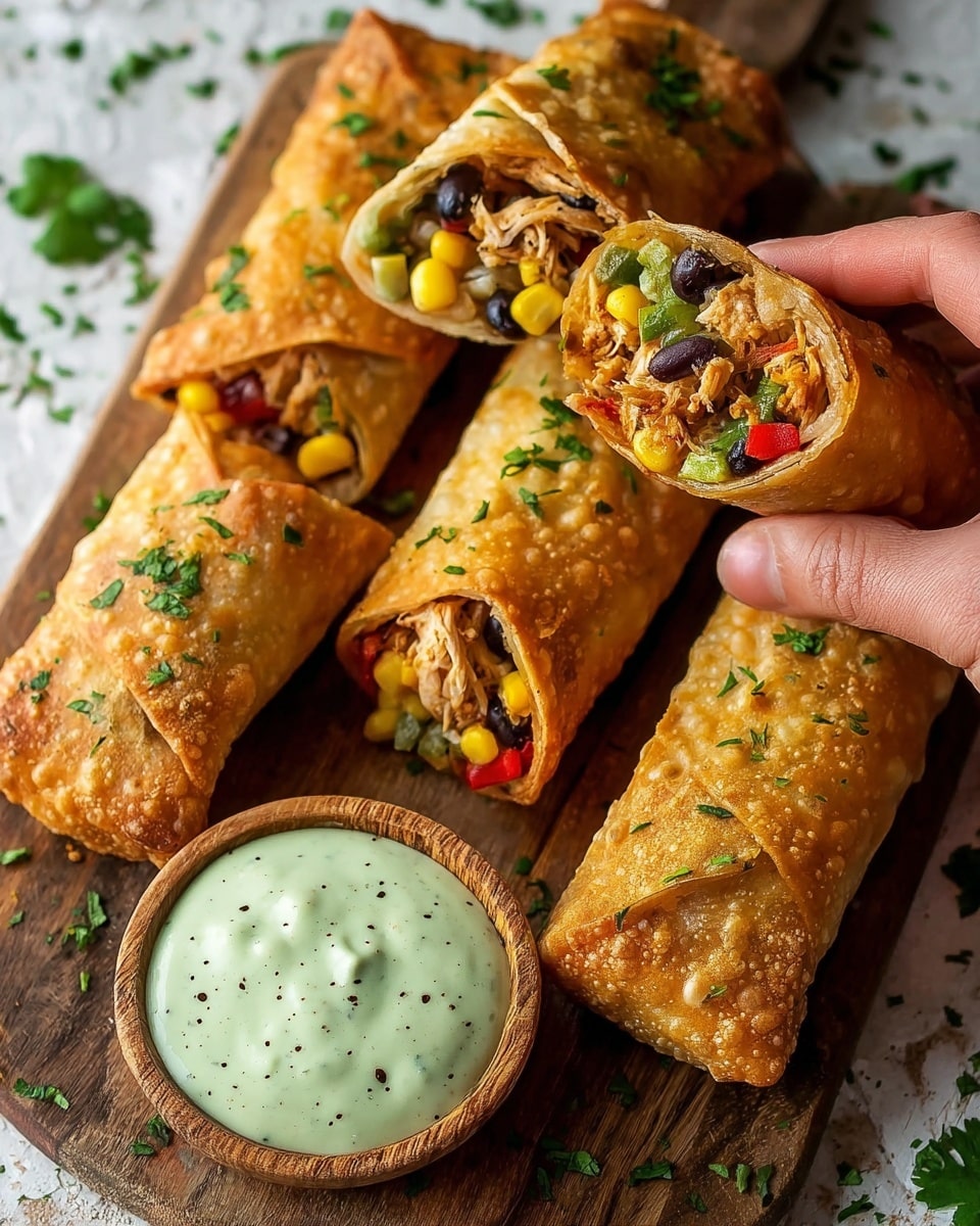 The image shows five golden-brown egg rolls sprinkled with green herbs, placed on a wooden board over a white marbled surface. Three egg rolls are whole, and two are cut in half, revealing colorful layers inside: yellow corn, black beans, red bell pepper, shredded chicken, and green leafy vegetables. A woman's hand is holding one half-cut egg roll close to the camera, displaying the filling clearly. Next to the egg rolls is a small round wooden bowl filled with creamy light green sauce speckled with black pepper. The scene is bright and detailed, highlighting the crispy texture of the egg rolls and the fresh filling inside. photo taken with an iphone --ar 4:5 --v 7