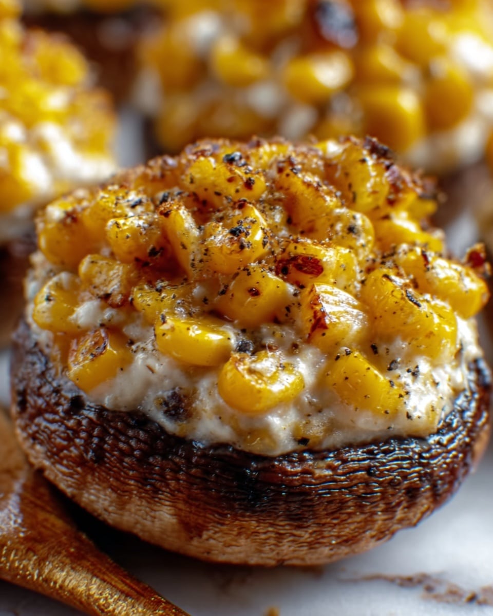 A close-up image of a cooked mushroom cap filled with small yellow corn kernels mixed with melted white cheese, topped with black pepper bits, showing a slightly roasted and bubbly texture on top. The mushroom is dark brown and glossy, with the corn and cheese layer sitting neatly inside the cap. The image focuses tightly on this single filled mushroom, with a blurred background of more similar filled mushrooms on a white marbled surface. Photo taken with an iphone --ar 4:5 --v 7