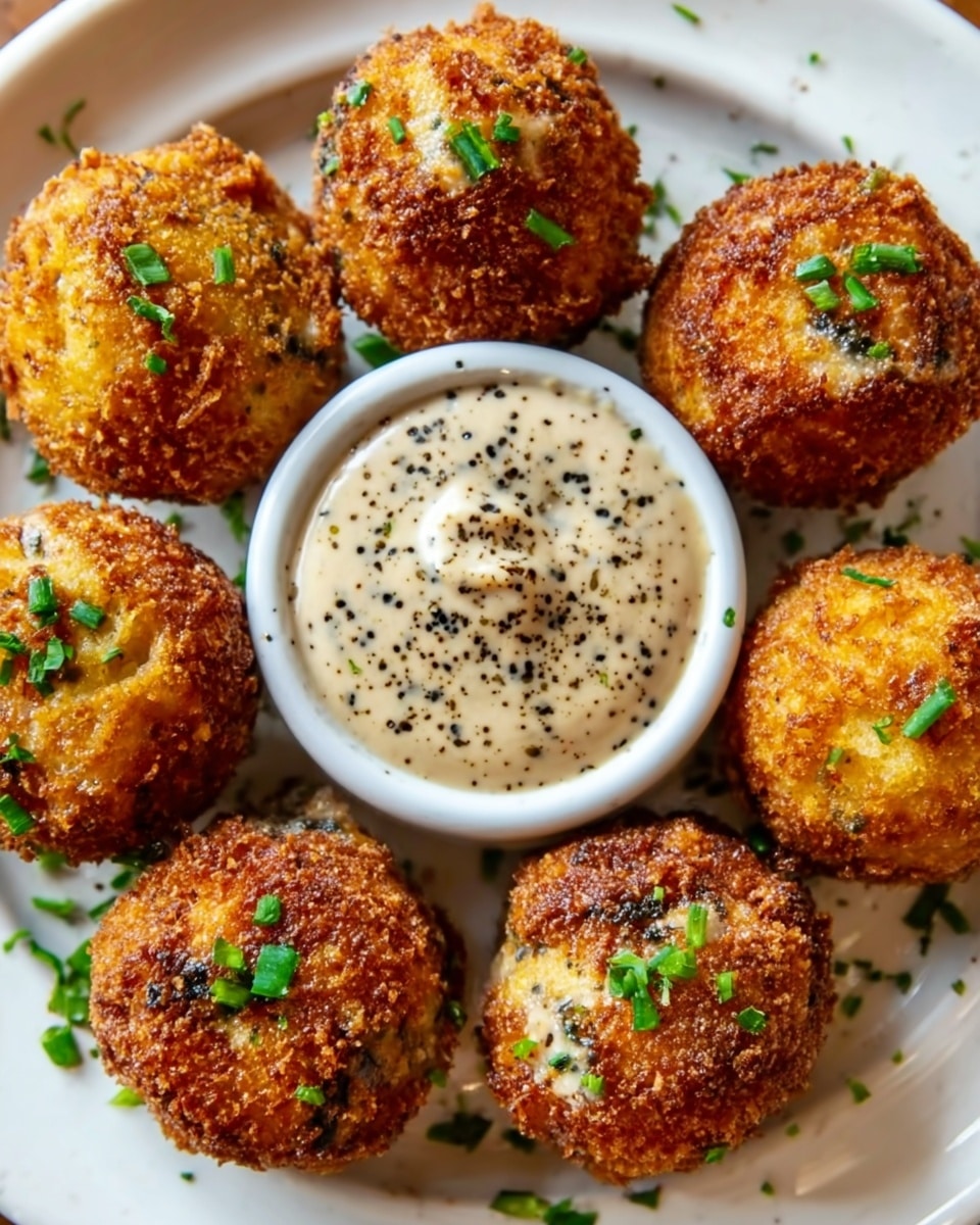 A white round bowl filled with a creamy beige sauce with green herbs sprinkled on top, placed in the center of a white marbled surface. Surrounding the bowl, there are seven golden brown, crispy bites with a slightly rough texture and small green herb pieces on top. The bites are arranged in a circle evenly around the bowl. photo taken with an iphone --ar 4:5 --v 7