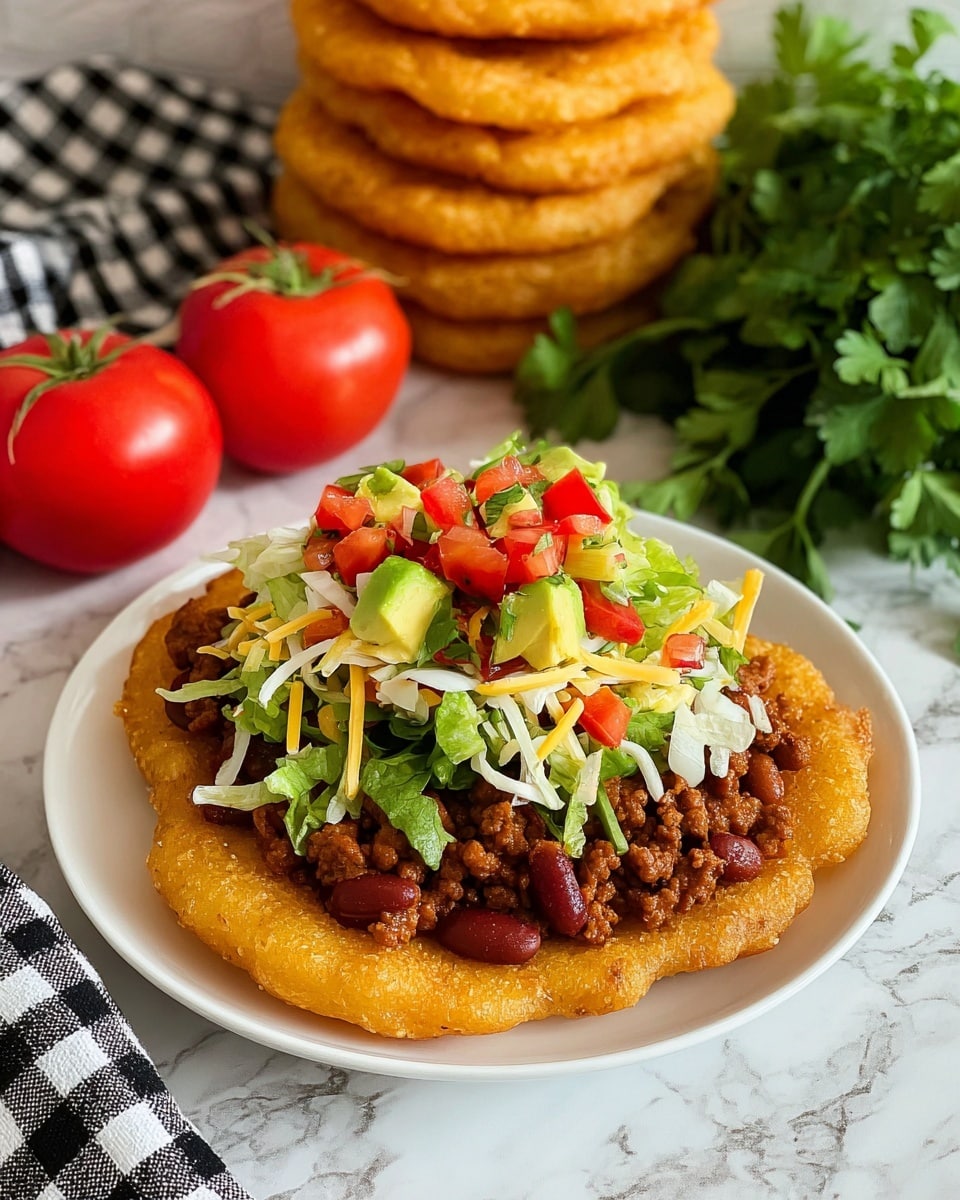The dish is a layered taco salad served on a white plate with a textured rim, placed on a white marbled surface. The base layer is a golden-brown, deep-fried flatbread with a crispy texture and slightly uneven edges. On top of the flatbread, there is a layer of cooked red beans mixed with seasoned ground beef that looks rich and dark brown. The next layer is fresh chopped lettuce with small pieces of red tomato and green avocado cubes scattered evenly. The top layer is sprinkled with shredded yellow and white cheese. In the background, there is a bunch of green fresh parsley on a black and white checkered cloth, a tall stack of similar golden flatbreads, and two whole red tomatoes. photo taken with an iphone --ar 4:5 --v 7