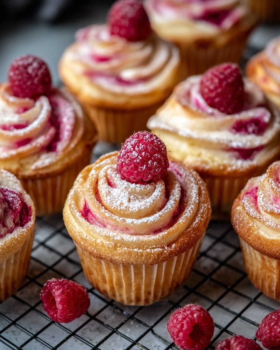 A group of six golden brown swirl pastries shaped like roses with layered flaky dough spiraling upwards, each topped with bright red raspberries and dusted with white powdered sugar. The pastries show soft pink fills peeking between the dough layers, and are placed on a black cooling rack set on a white marbled textured surface. A few loose raspberries are scattered around the base, with a folded light gray cloth nearby, enhancing the cozy presentation. photo taken with an iphone --ar 4:5 --v 7