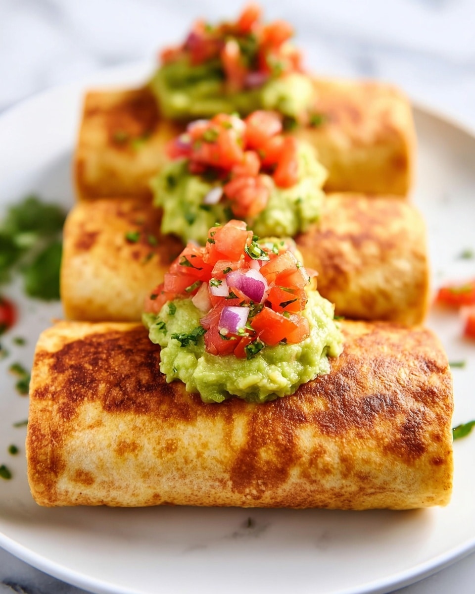 Three golden brown, rectangular burritos are placed in a row on a white plate, each burrito showing a crispy, slightly bubbled texture on its surface. At the top center of each burrito, there is a small pile of vibrant green guacamole and bright red diced tomatoes mixed with finely chopped onions and a hint of green cilantro, creating a fresh and colorful garnish. The plate rests on a white marbled surface with blurred lime wedges and tomatoes in the background, adding a subtle touch of color. photo taken with an iphone --ar 4:5 --v 7