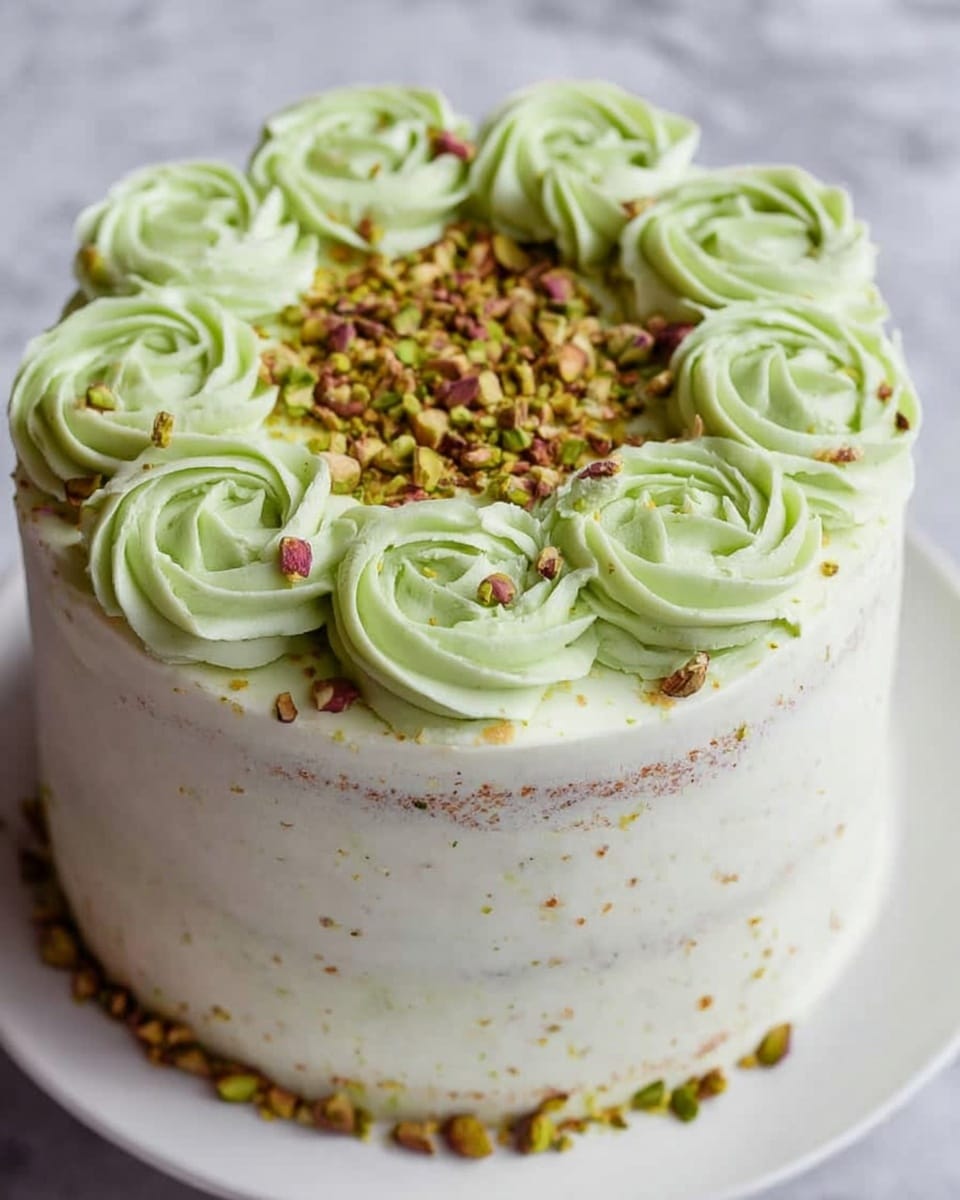 The image shows a round cake with four visible layers covered in smooth white frosting with slight horizontal textured lines around the sides. The top is decorated with large pale green rosette swirls of frosting spaced evenly around the edge, and the center is filled with crushed pistachios adding a rough texture and greenish-brown color contrast. More crushed pistachios are scattered lightly over the frosting rosettes and around the base of the cake. The cake sits on a white plate placed on a surface with a white marbled texture. Photo taken with an iphone --ar 4:5 --v 7