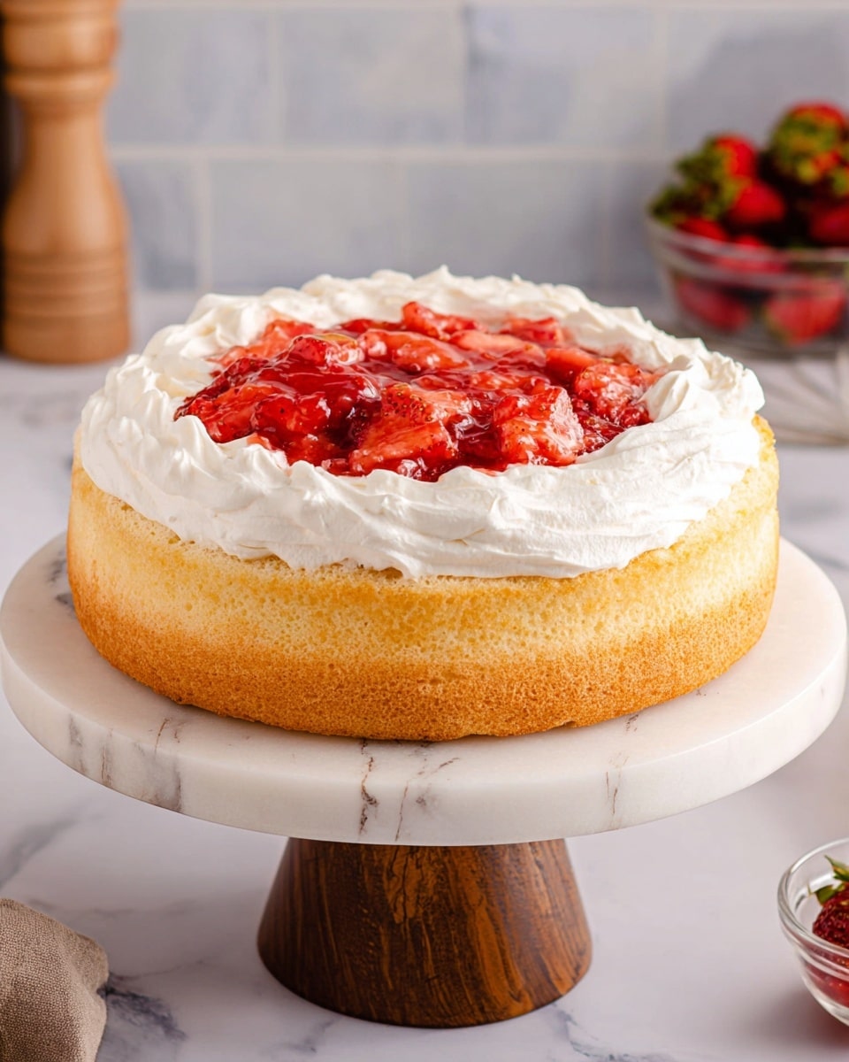 A single-layer round cake with a light golden sponge base sits on a white marble cake stand with a wooden pedestal. On top of the sponge is a thick, even layer of white whipped cream, which forms a ring near the edge. Inside the cream ring is a vibrant red chunky strawberry topping, covering the center of the cake. The background shows a white marbled texture with some rustic kitchen elements blurred out, including a bowl of fresh strawberries. photo taken with an iphone --ar 4:5 --v 7