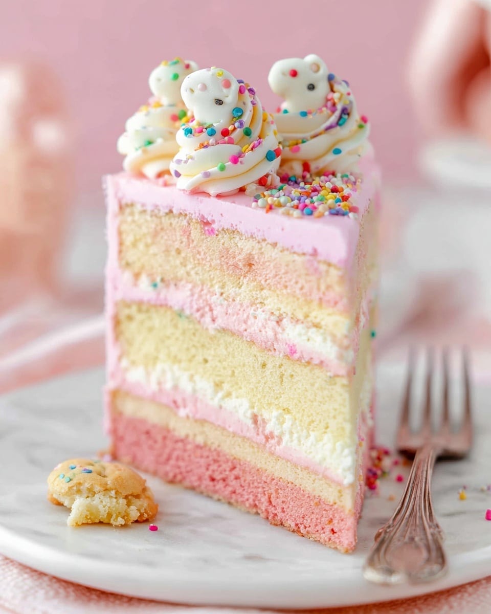 A slice of four-layer cake sits on a white plate with colorful sprinkles scattered around. The cake layers alternate between light pink and pale yellow, each separated by a thin layer of white cream. The top is covered with smooth pink frosting and decorated with two white cream swirls, each topped with a pastel pink and white animal-shaped cookie covered in tiny colorful sprinkles. A silver fork lies on the right side of the plate, and the background is a soft pink with a hint of a woman’s hand holding something blurred. Photo taken with an iphone --ar 4:5 --v 7