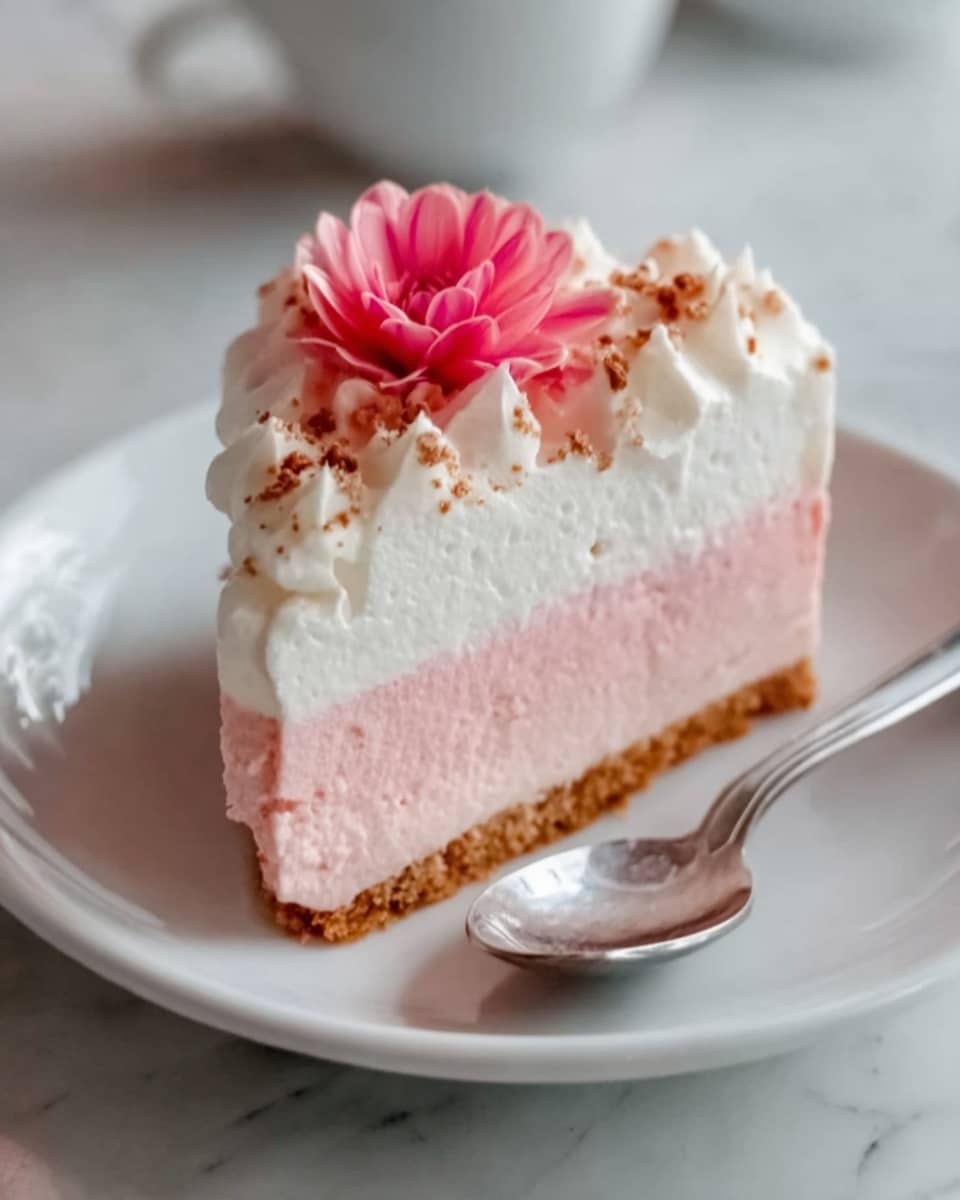 A slice of pink layered cake sits on a white plate with a silver fork beside it. The cake has three clear layers: a crumbly light brown base, a thick smooth pink middle layer, and a fluffy white top layer with small dark crumbs sprinkled over it. A bright pink rose decorates the top, adding a fresh and colorful touch. The background is a white marbled texture. photo taken with an iphone --ar 4:5 --v 7