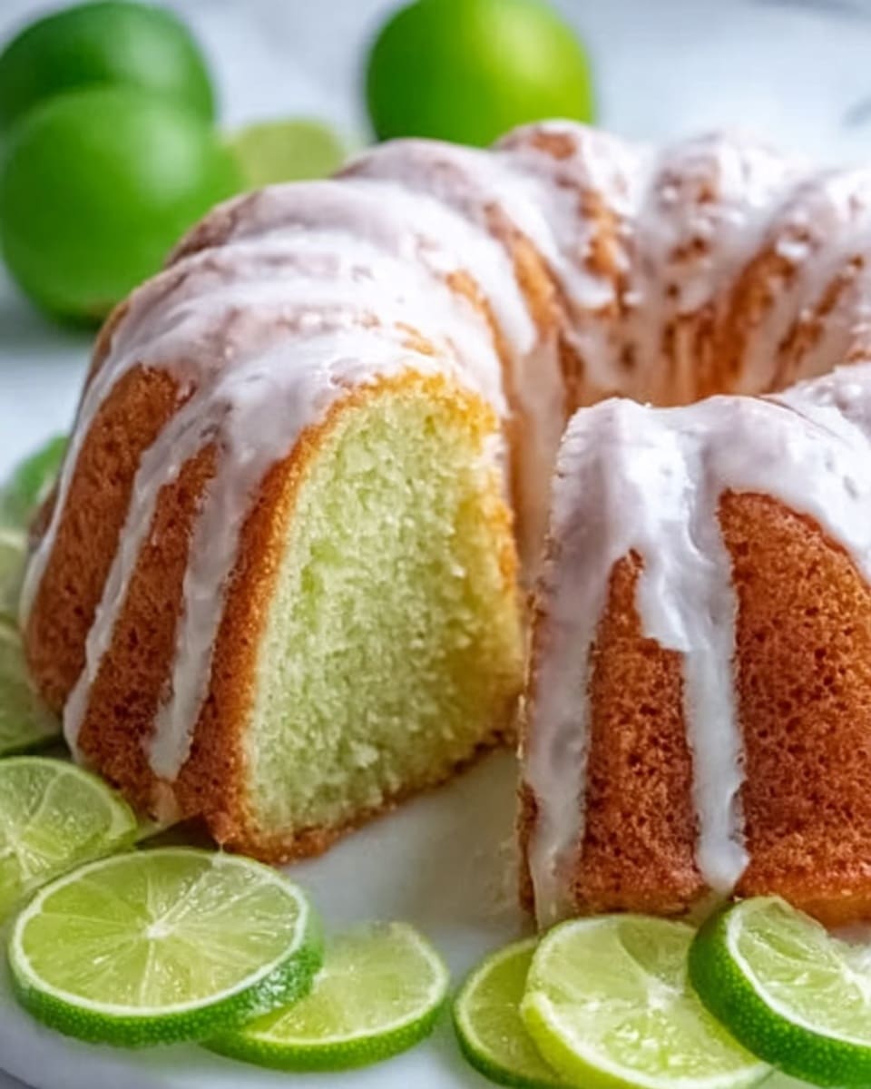 The image shows a bundt cake with a soft, light green inside and a golden brown outside. The cake is topped with a white glaze that drips slightly down the sides. There are three lime wedges around the cake on a white plate, which rests on a white marbled surface. The texture of the cake looks moist and fluffy, with the glaze smooth and shiny. Photo taken with an iphone --ar 4:5 --v 7