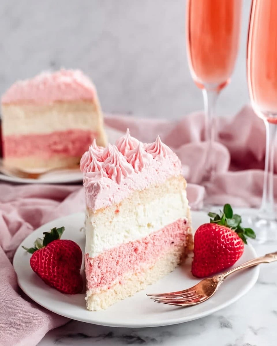 The image shows a slice of cake on a white plate with a silver fork beside it. The cake has three layers: the bottom layer is pink and spongey, the middle layer is thick and creamy white, and the top layer is pink whipped cream piped in large swirls. Next to the cake slice is a fresh red strawberry with green leaves. In the background, another slice of the same cake sits on a white plate, and two tall glasses with pink drink stand next to a soft pink cloth. The scene is set on a white marbled surface. Photo taken with an iphone --ar 4:5 --v 7