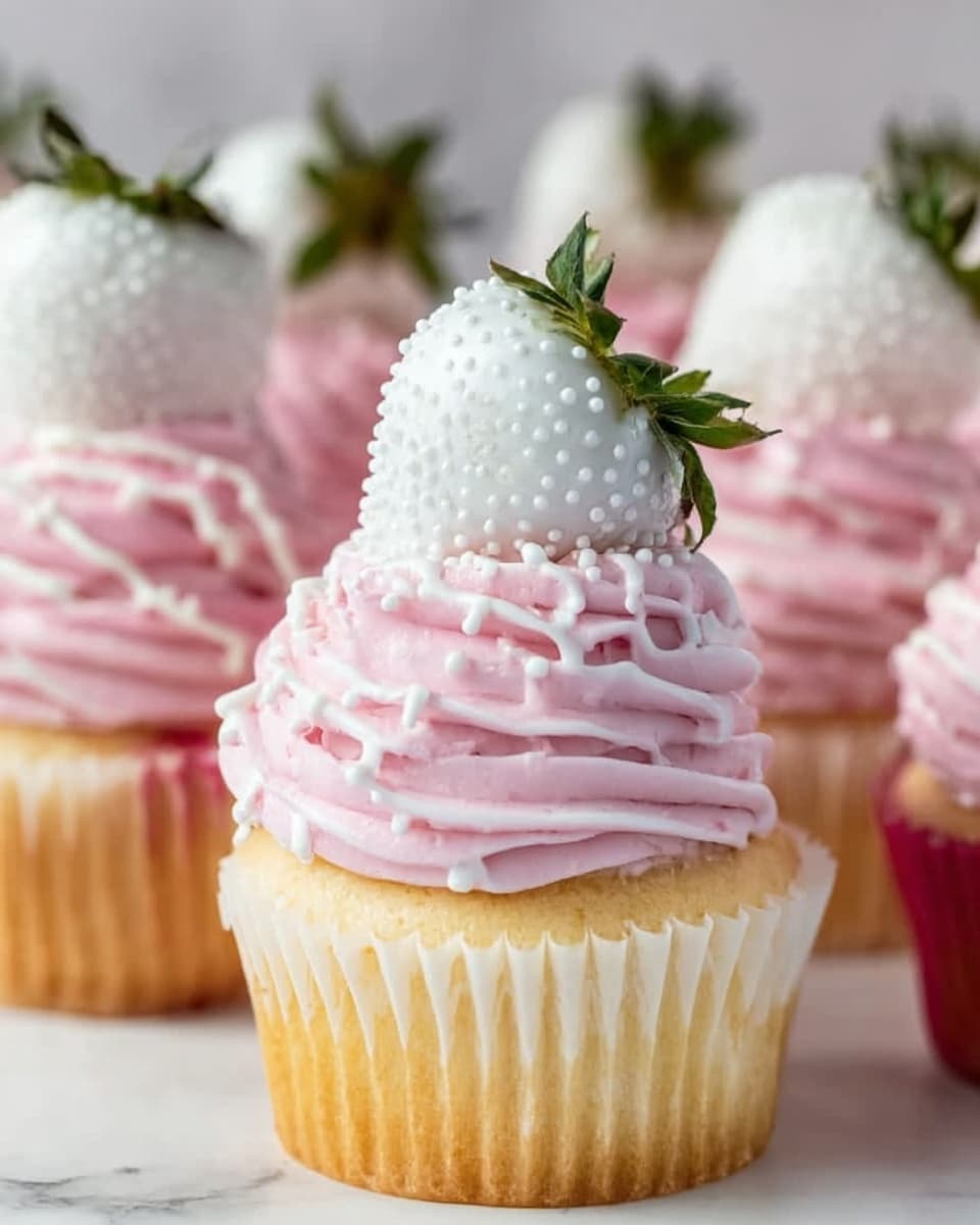 The image shows multiple cupcakes, each with three distinct layers: the base is a light golden cake, followed by a thick swirl of soft pink frosting with a creamy texture, topped with a white strawberry covered lightly in small white sprinkles and a small green stem. The cupcakes are placed close together on a white marbled surface. Photo taken with an iphone --ar 4:5 --v 7