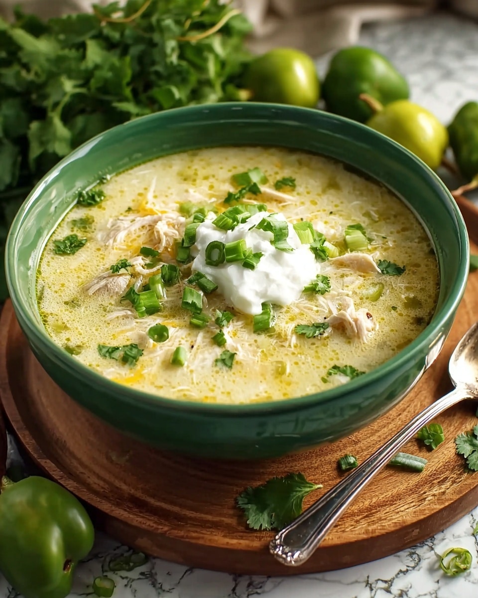 A deep green bowl filled with creamy soup showing a light yellow broth with small pieces of white chicken and thin noodles evenly mixed inside. The soup is topped with a dollop of white sour cream in the center, sprinkled with finely chopped bright green scallions and fresh cilantro leaves, with a few specks of black pepper on the sour cream. The bowl sits on a round wooden board with fresh green cilantro leaves scattered beside it, set against a white marbled surface background. A spoon with a shiny silver handle rests next to the bowl. Photo taken with an iphone --ar 4:5 --v 7