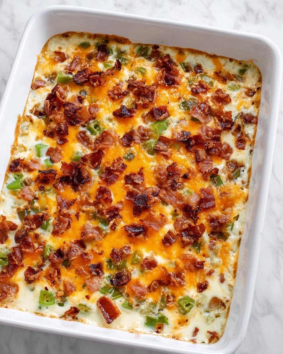 This dish shows a creamy baked casserole in a white baking dish, sitting on a white marbled surface. The casserole has three visible layers: at the base is a thick creamy white sauce, topped with a mix of cooked green vegetables and browned, crispy bacon pieces scattered evenly across the surface. The very top layer consists of melted orange and white cheese that is bubbly and slightly golden, with some browned spots where the bacon sits. Photo taken with an iphone --ar 4:5 --v 7