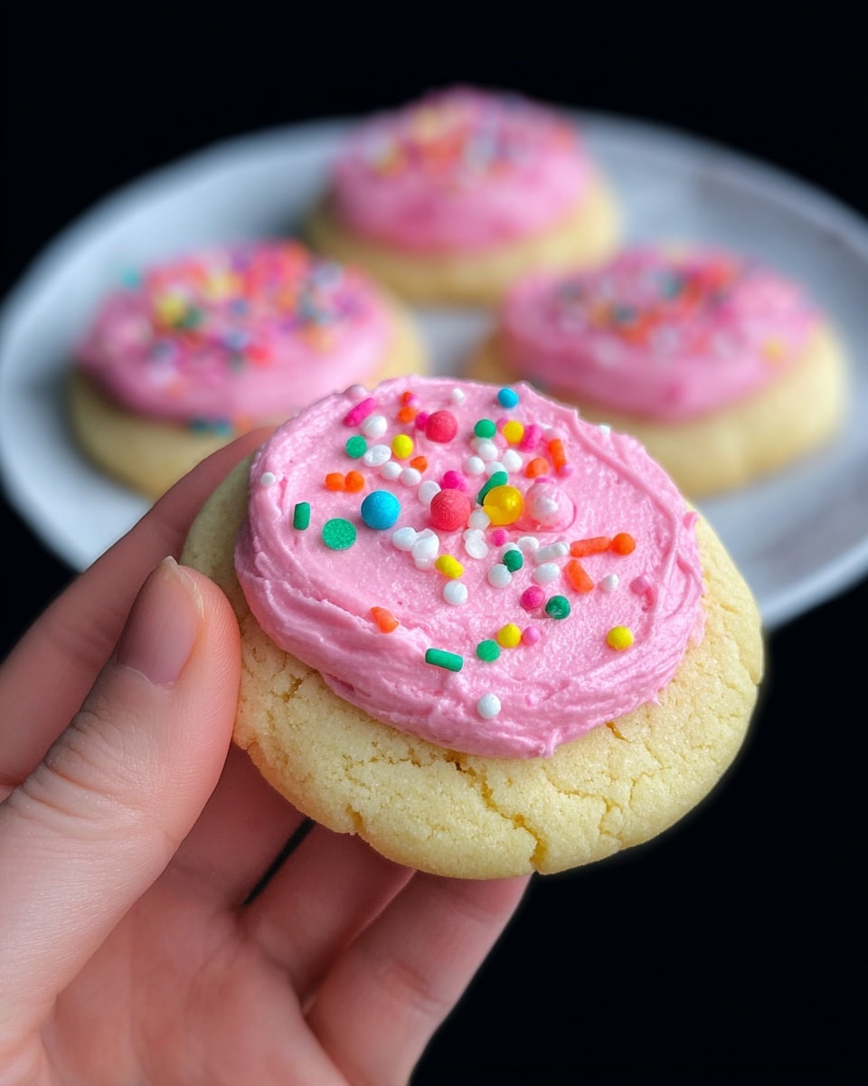 A light yellow soft cookie held by a woman's hand with a thick layer of smooth, bright pink frosting on top, decorated with colorful small sprinkles in red, blue, green, white, orange, yellow, and pink. In the background, three similar cookies sit on a white plate, each with the same pink frosting and sprinkles. The entire scene is set against a black background. photo taken with an iphone --ar 4:5 --v 7
