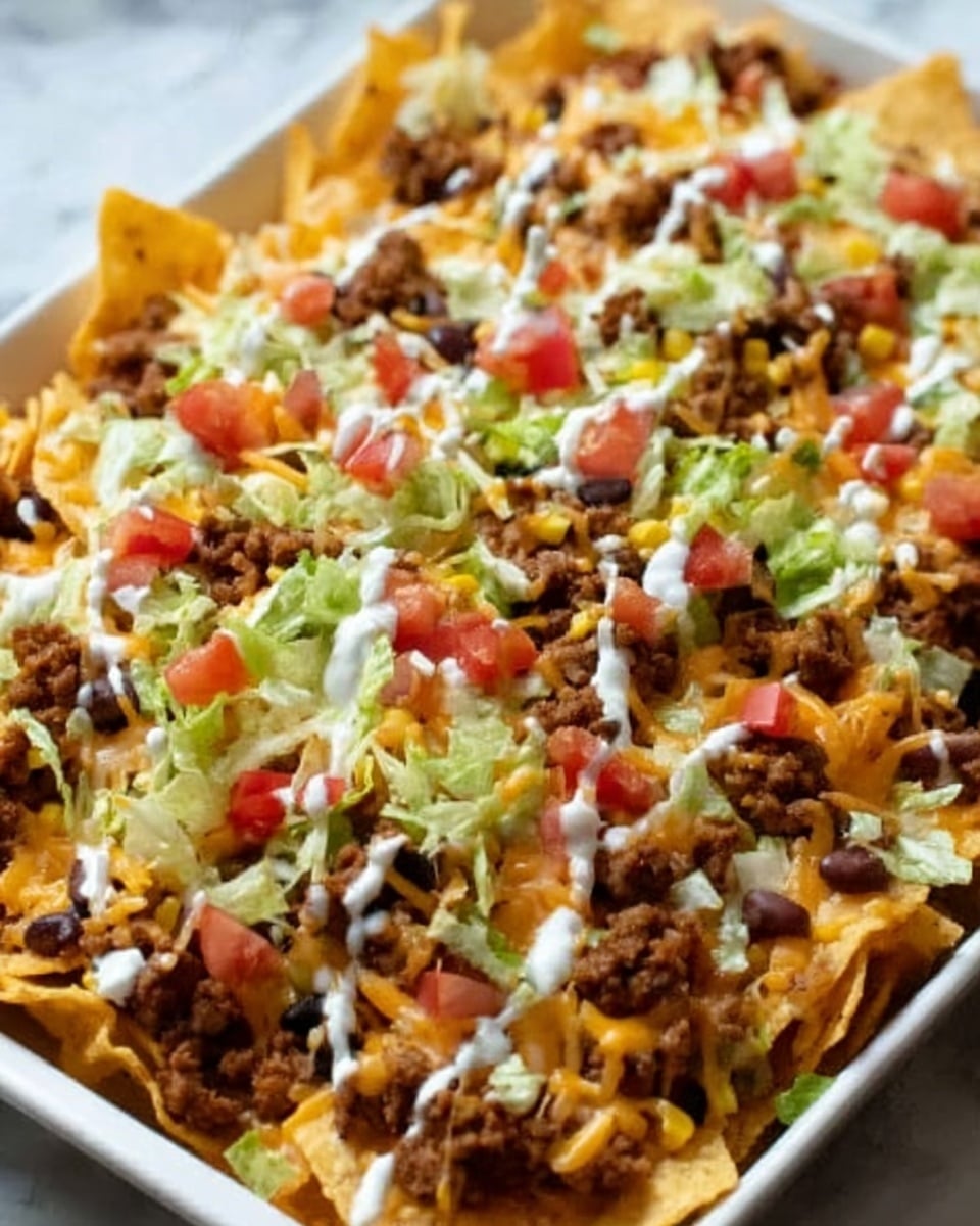 A close-up view of a large white rectangular tray filled with layered nachos. The base layer is made of crispy orange tortilla chips, unevenly spread, with layers of melted light yellow cheese and seasoned ground beef scattered over them. Fresh, chopped light green lettuce and small red tomato pieces are spread across the top, with some black beans sprinkled between. Bits of white sour cream and melted white cheese are drizzled generously over the whole dish. The white marbled surface is faintly visible around the tray edges. photo taken with an iphone --ar 4:5 --v 7