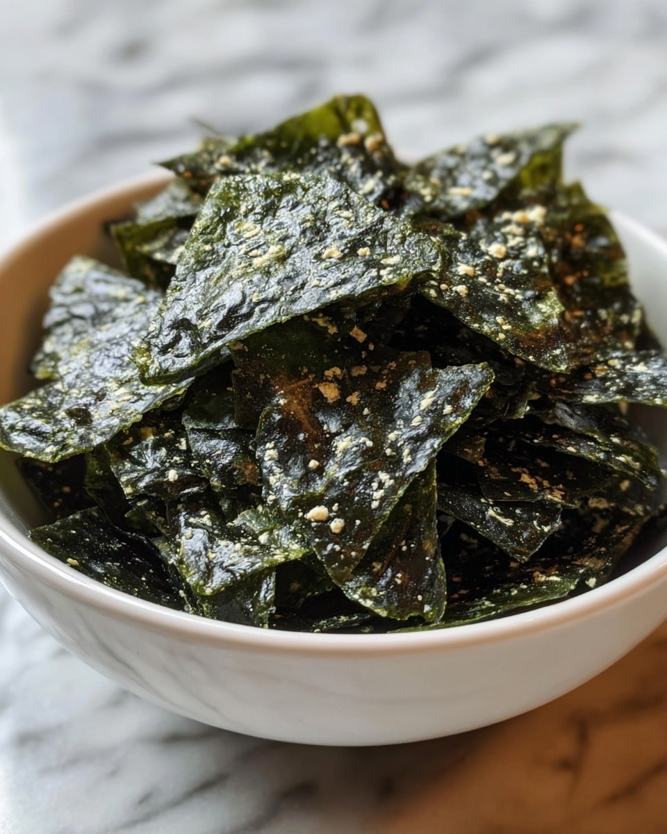 A bowl filled with many dark green seaweed chips, each chip sprinkled with small white sesame seeds and light-colored salt crystals, showing a rough, uneven texture. The chips are stacked unevenly inside a white bowl with a brown rim, placed on a white marbled surface. The focus is sharp on the chips at the front, and the background softly blurs out. photo taken with an iphone --ar 4:5 --v 7