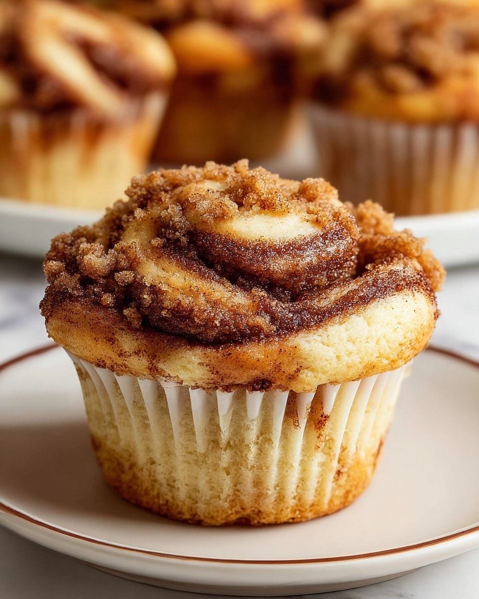 The image shows a close-up of a cinnamon roll muffin with three visible layers. The bottom layer is the muffin base, golden brown with slightly darker swirls and speckles, held in a white paper liner with brown cinnamon spots. The middle layer is soft and light beige muffin dough with a fluffy texture. The top layer is a spiral of cinnamon, deep brown with a crumbly texture sprinkled on top and around the edges. The muffin sits on a white plate with a speckled brown rim, placed on a white marbled surface. Photo taken with an iphone --ar 4:5 --v 7