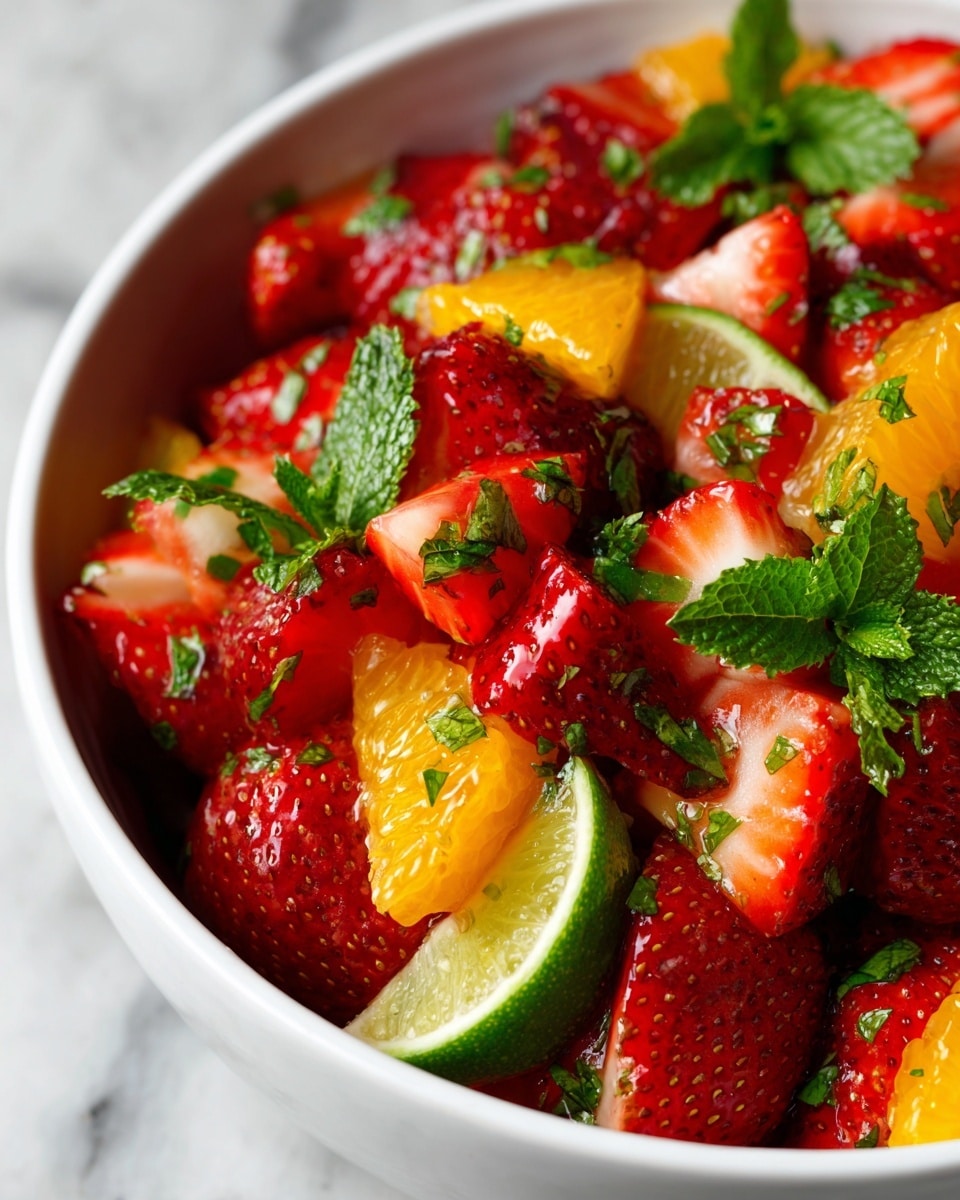 The image shows a close-up of a fresh fruit salad in a white bowl, filled with bright red strawberries, orange pieces, and green lime wedges mixed with finely chopped green mint leaves sprinkled on top. The fruits have a juicy, shiny texture, and the colors are vibrant, showing red, orange, and green clearly contrasting. The white marbled surface is visible around the bowl. Photo taken with an iphone --ar 4:5 --v 7