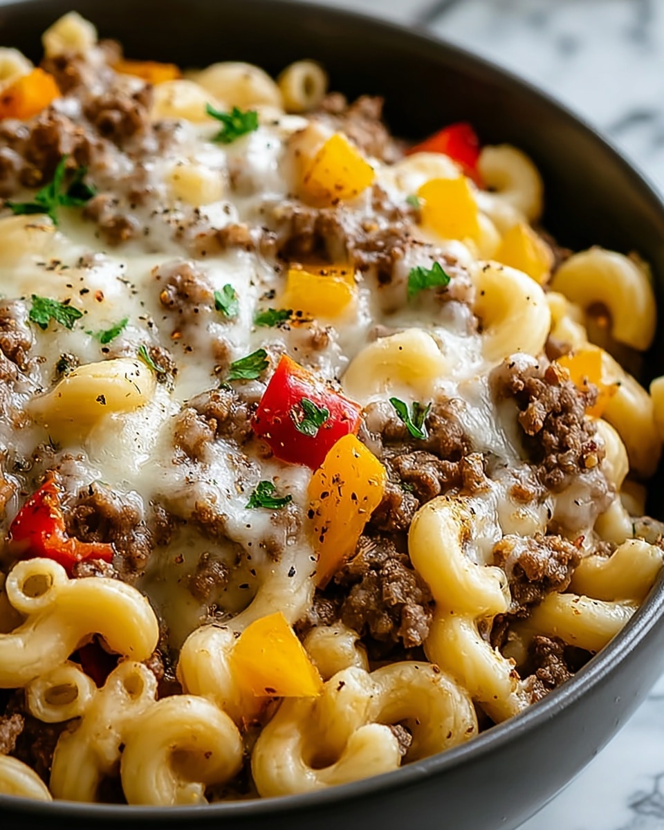 A close-up view of a single-layer dish in a white bowl filled with creamy macaroni pasta that is pale yellow with a smooth and slightly glossy texture. Mixed evenly throughout the pasta are small chunks of browned ground beef, adding a coarse and crumbly texture with a dark brown color. Scattered pieces of red and yellow bell peppers bring bright pops of color, with their smooth surfaces contrasting against the pasta and beef. The dish is topped with melted cheese that looks creamy and slightly bubbly, blending with the other ingredients. Small green parsley leaves are placed as garnish on top, adding a fresh touch. The whole dish is slightly speckled with black pepper, adding texture and color contrast. Photo taken with an iphone --ar 4:5 --v 7