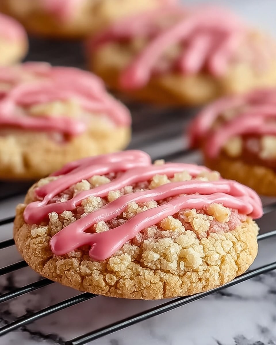 The image shows close-up round cookies with a crumbly, light tan base that looks crunchy and slightly rough in texture. On top of each cookie, there is a crumb topping made of small, chunky clusters, giving a crumbly and uneven look in a pale beige color. Drizzled over the crumbs is a thick, smooth pink glaze in diagonal lines, adding a shiny, glossy finish that contrasts with the crumbly texture. The cookies are placed on a black wire rack, allowing a clear view of their textures and layers. The white marbled texture surface is barely visible in the background. photo taken with an iphone --ar 4:5 --v 7
