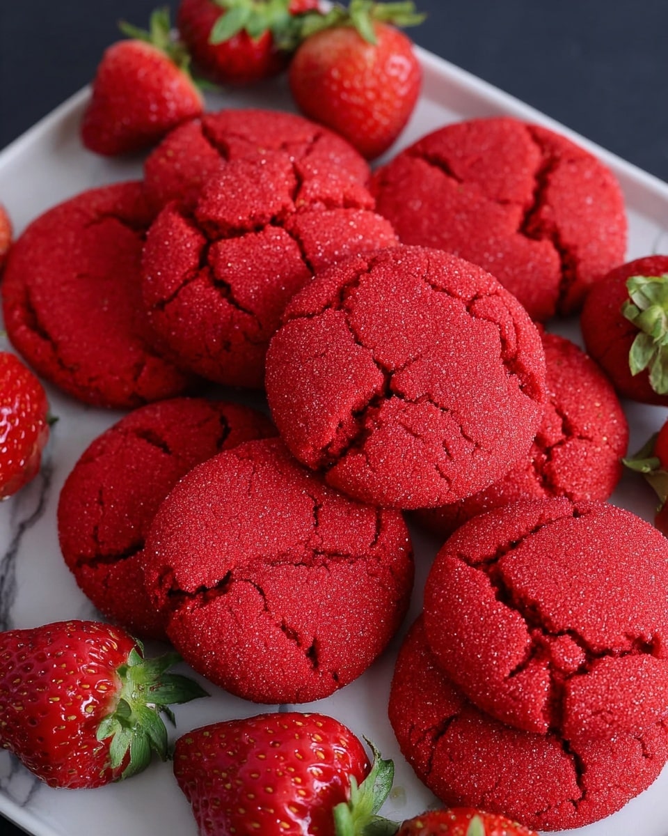 A black tray filled with many bright red cookies that have a cracked surface and sugar crystals on top. Around the cookies, there are fresh red strawberries with green leaves, placed randomly along the edges of the tray. The cookies and strawberries are closely packed, showing a simple, fresh, and vibrant look on a white marbled surface. photo taken with an iphone --ar 4:5 --v 7