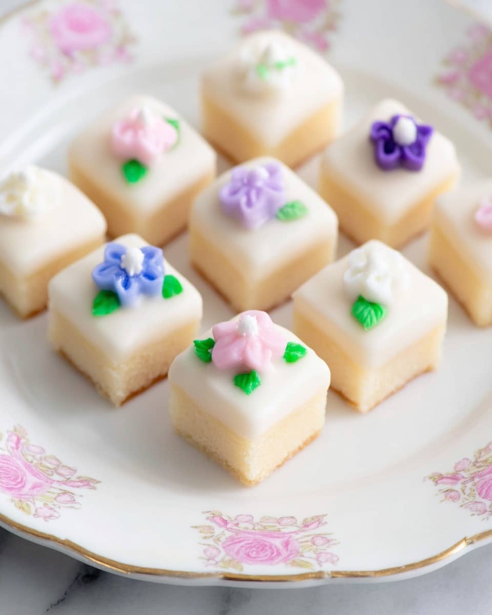 A white plate with soft edges contains nine small square cakes arranged in three rows. Each cake has two layers with a light beige spongy base and a smooth white icing on top. On the icing of each cake, there is a small, colorful flower decoration made of icing: some flowers are purple, some are pink, some are blue, and some are white, all with green leaves underneath. The cakes look soft and moist, and the plate has delicate floral patterns in pink and light green on the edges. The background is a white marbled texture. photo taken with an iphone --ar 4:5 --v 7