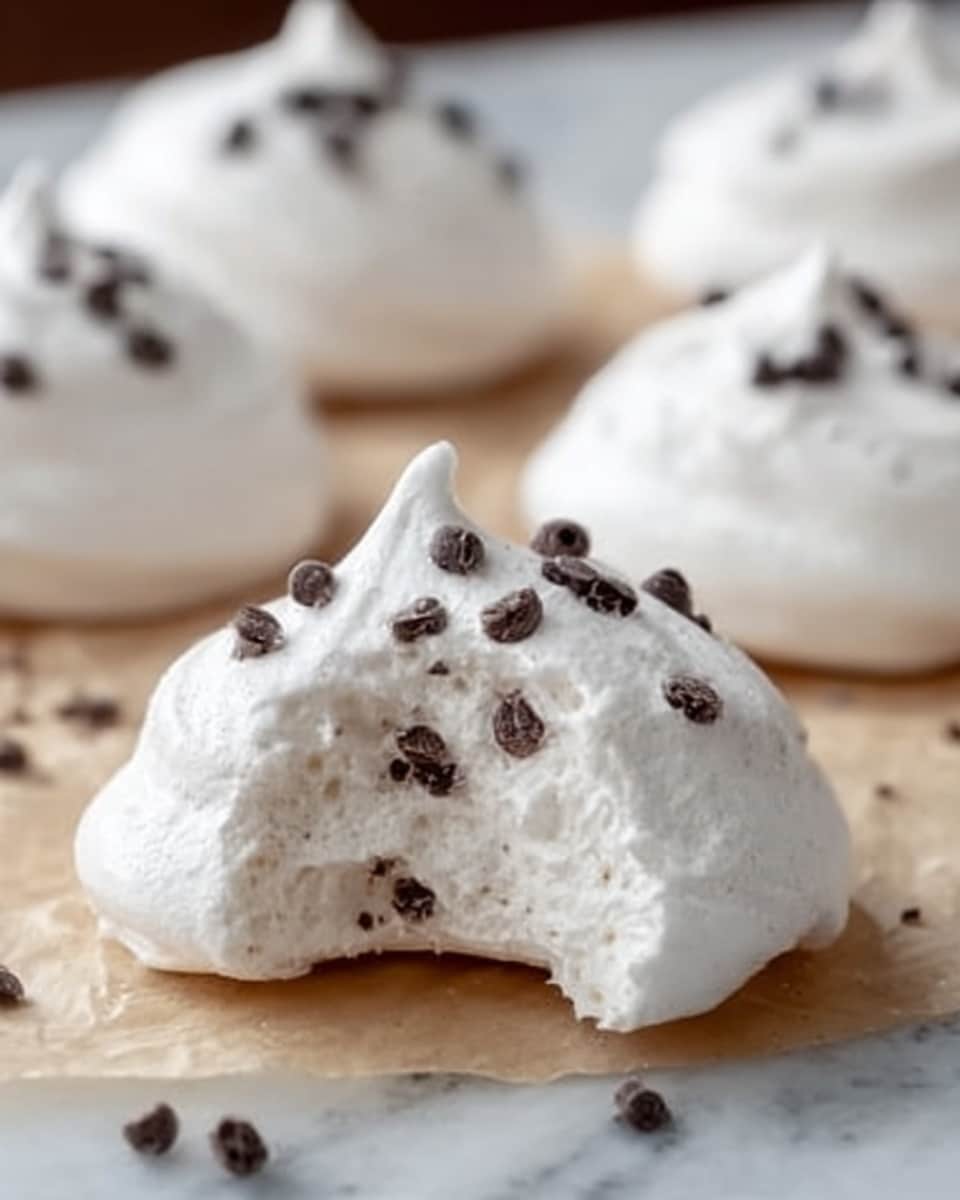 Five white meringue cookies with a smooth, glossy texture are on a white marbled surface. The cookies are shaped like small peaks with soft curves, with visible ridges. Each cookie is decorated with small dark chocolate chips scattered on top. One meringue in the front has a bite taken out showing a light and airy inside with tiny air pockets and a slightly crumbly dark brown center. The photo is brightly lit, focusing closely on the meringue in front while the others are softly blurred in the background. Photo taken with an iphone --ar 4:5 --v 7