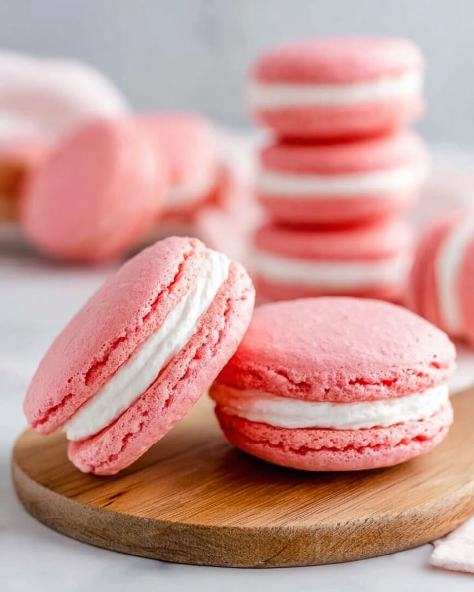 Two pink sandwich cookies with soft, slightly cracked tops and thick white cream filling in the center are placed on a white marbled surface. One cookie lies flat while the other leans against it at an angle, showing the layers clearly. In the background, more pink sandwich cookies are stacked on a white plate, slightly blurred. The colors are soft with a warm tone, and the texture of the cookies looks soft and crumbly. Photo taken with an iphone --ar 4:5 --v 7