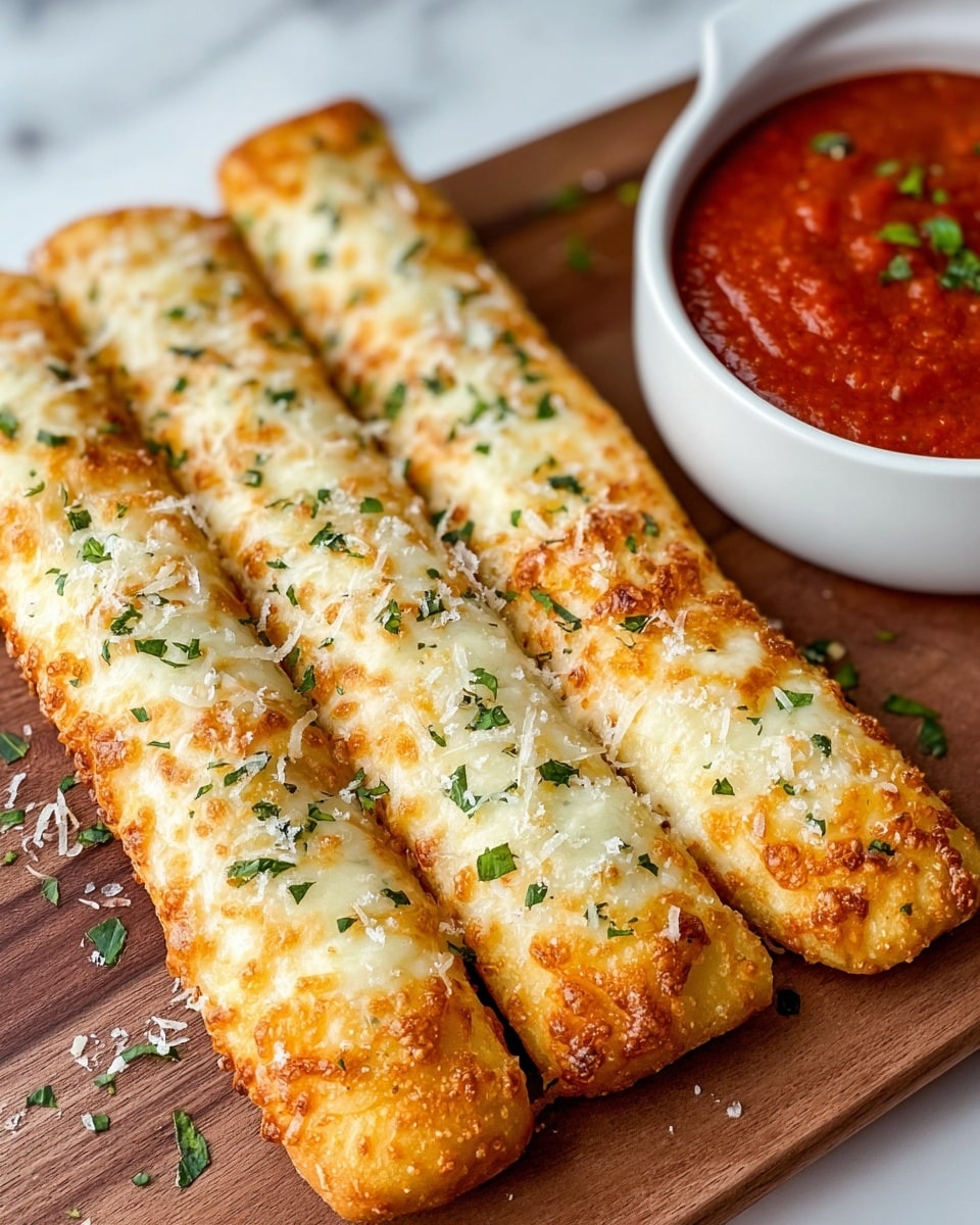Four golden brown breadsticks lie side by side on a wooden board, each topped with a melted, bubbly layer of creamy white cheese that is slightly browned in spots. Small green herb pieces are sprinkled over the cheese, adding a fresh touch. Next to the breadsticks is a white bowl filled with bright red marinara sauce, which also has some green herb garnish on top. The whole setup rests on a white marbled surface. photo taken with an iphone --ar 4:5 --v 7