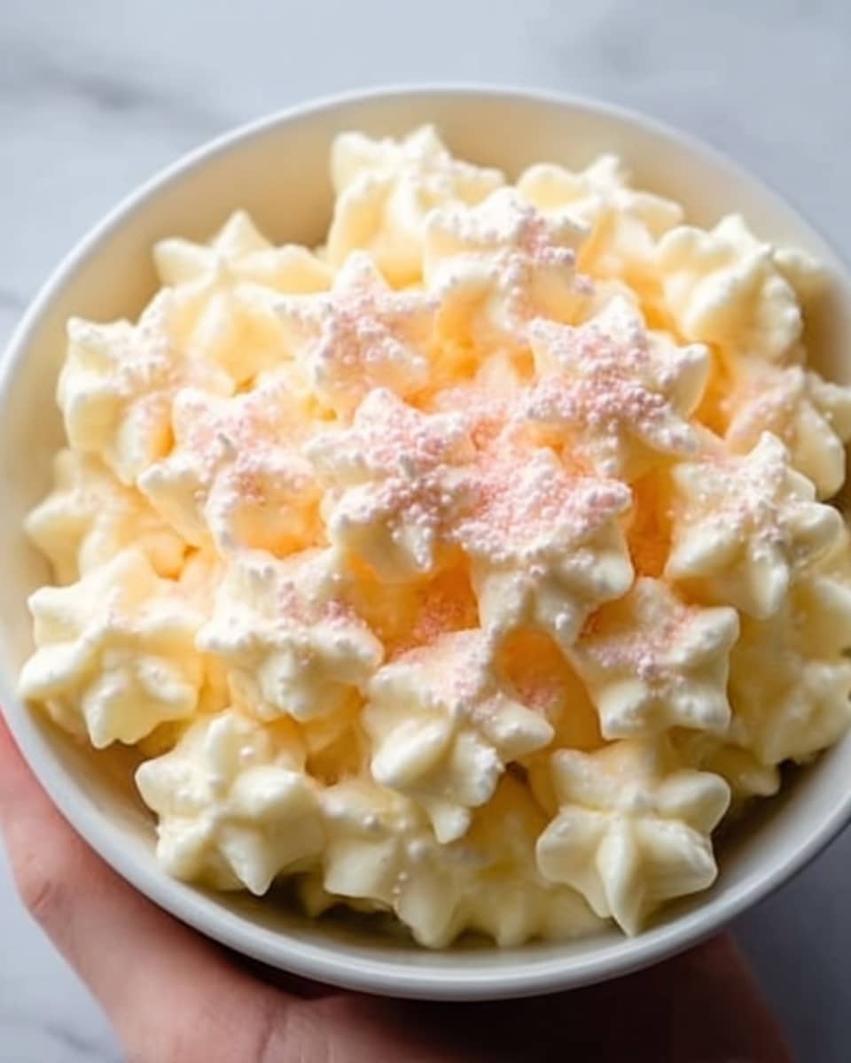 The image shows a close-up of a white bowl filled with star-shaped, creamy yellow dollops of frosting or mousse. The dollops have a smooth texture and are piled high into several soft layers, creating a fluffy, cloud-like look. On top of the mound, there is a light sprinkling of pink powder that adds a gentle contrast to the pale yellow below. The background is a white marbled texture. photo taken with an iphone --ar 4:5 --v 7